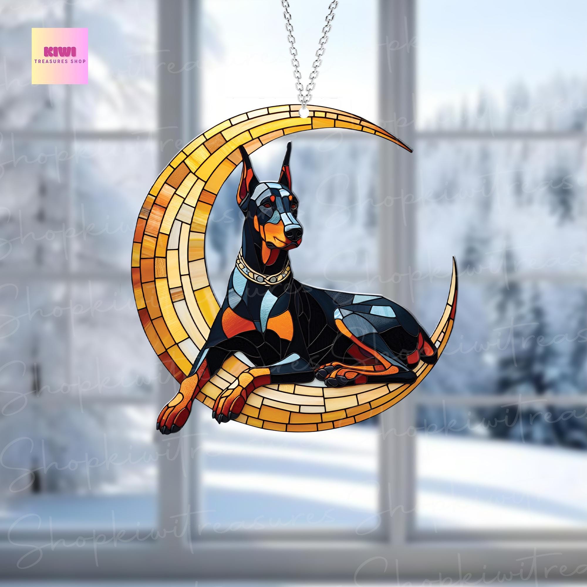 ACRYLIC Doberman on Cresent Moon Window Hanging, dog Lover Gift, Dog mom gift,Home Decor, Remembrance gift,Loss Of Pet Gift