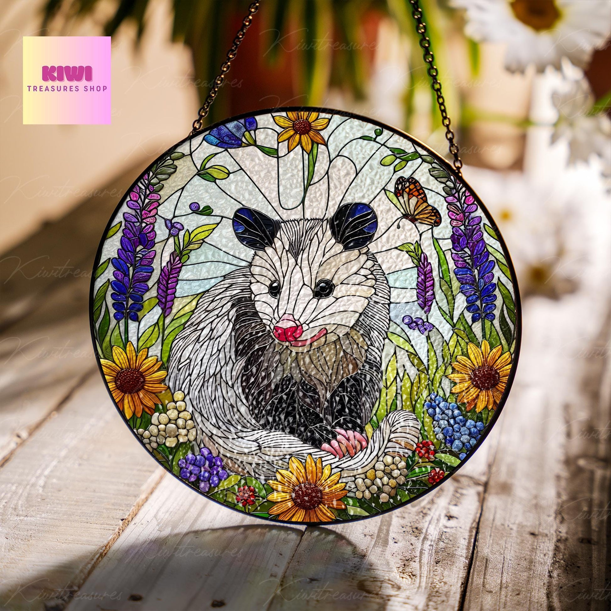 Opossum and wildflowers GLASS Suncatcher Hanging, Cute opossum, opossum suncatcher hanging, opossum window hanging