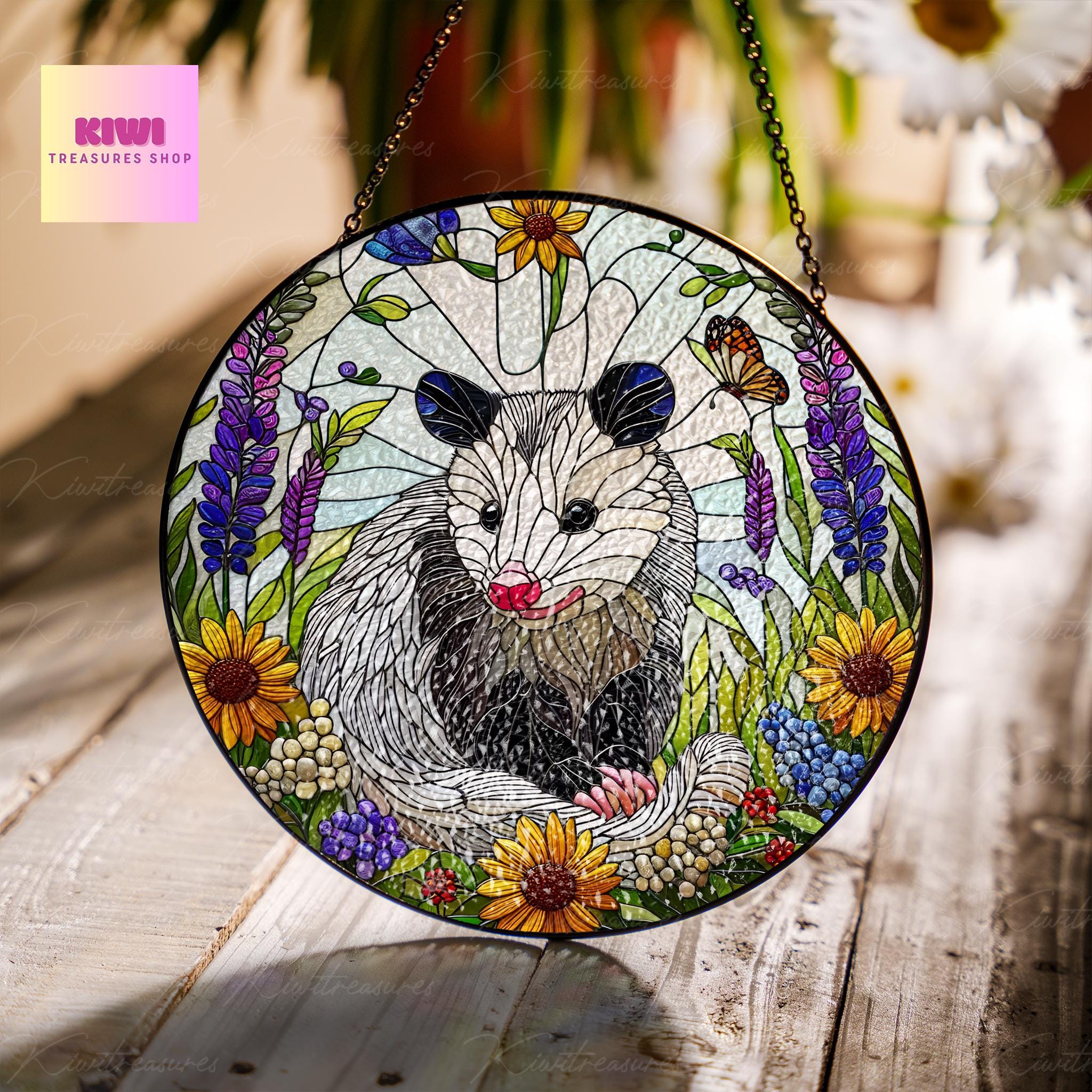 Opossum and wildflowers GLASS Suncatcher Hanging, Cute opossum, opossum suncatcher hanging, opossum window hanging