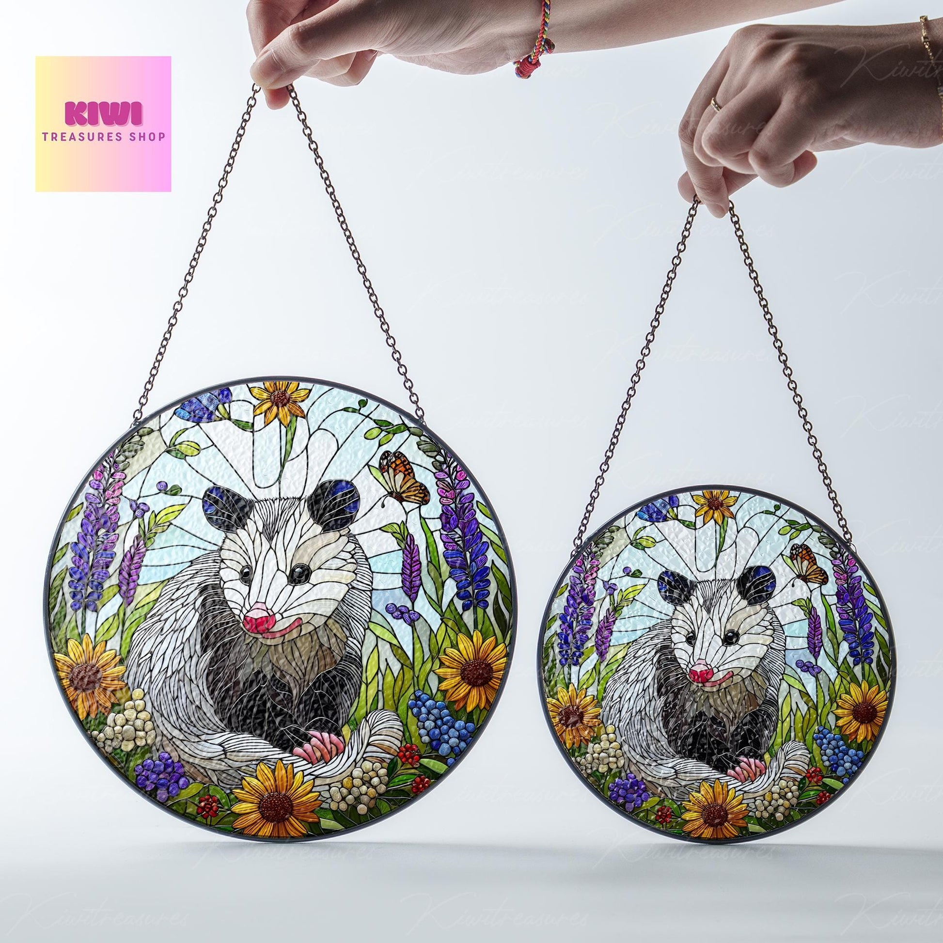 Opossum and wildflowers GLASS Suncatcher Hanging, Cute opossum, opossum suncatcher hanging, opossum window hanging