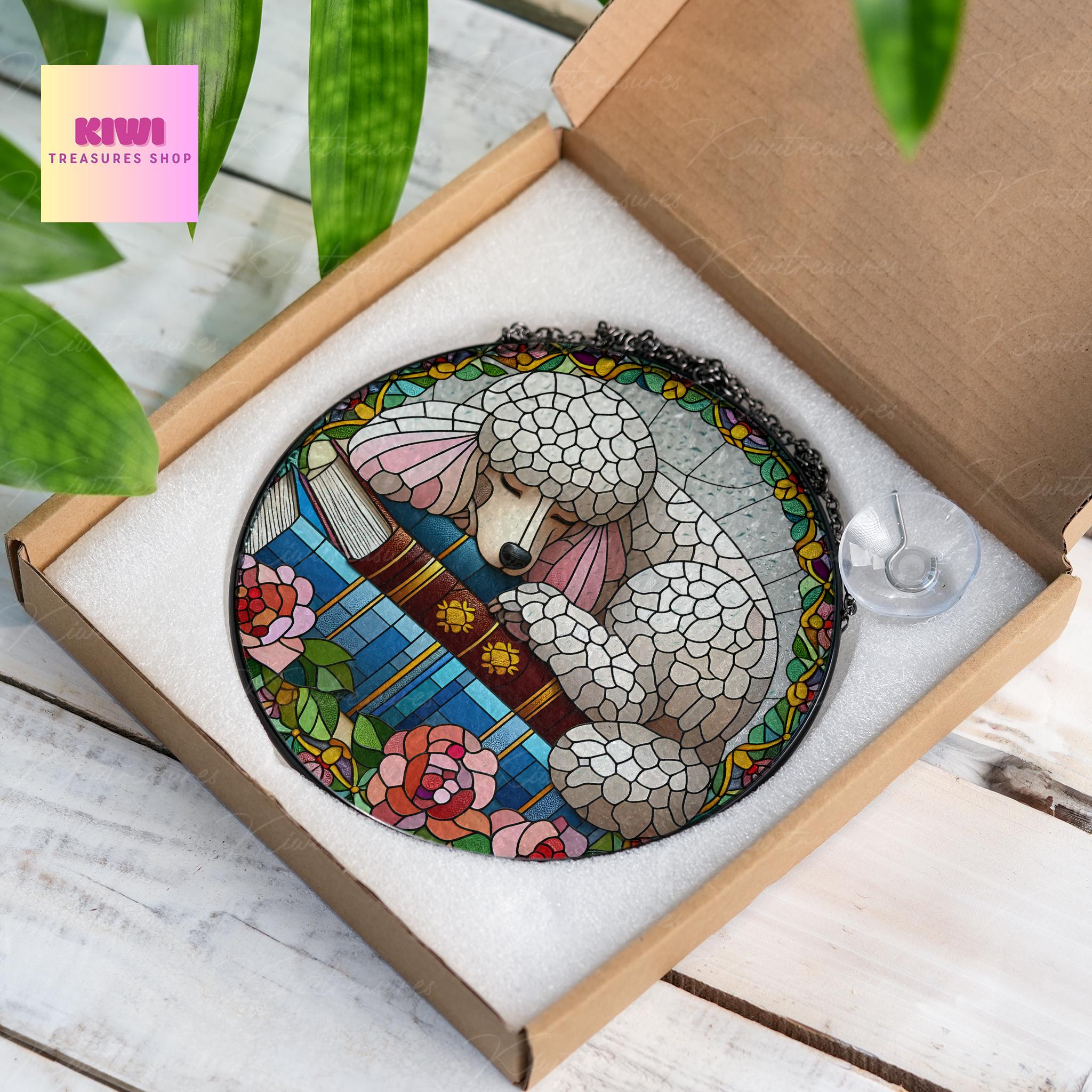 Poodle and books GLASS Suncatcher Hanging, Poodle mom gift, Poodle suncatcher hanging, Reading room window hanging, reading lover gift