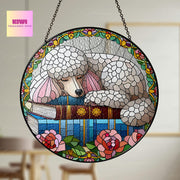 Poodle and books GLASS Suncatcher Hanging, Poodle mom gift, Poodle suncatcher hanging, Reading room window hanging, reading lover gift