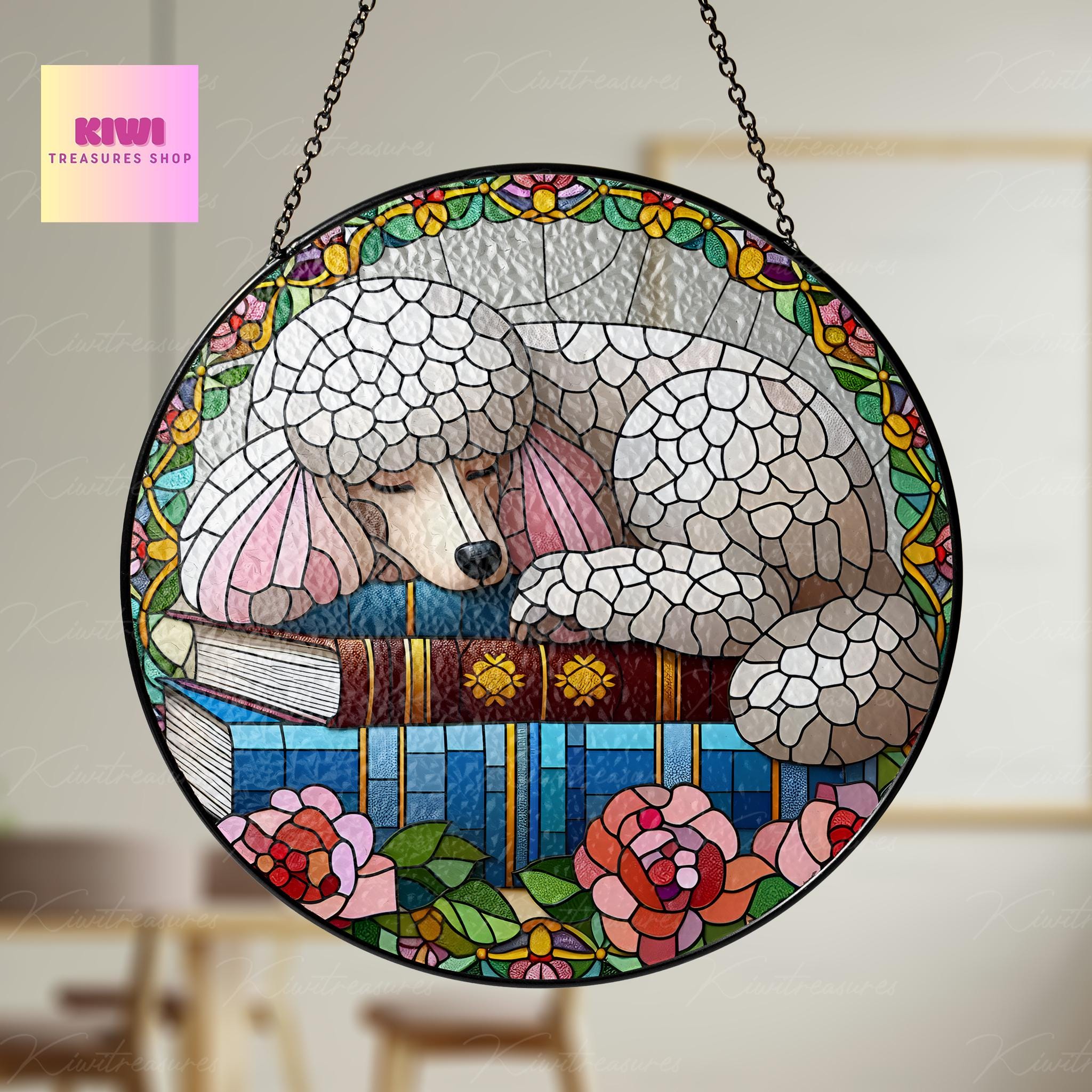 Poodle and books GLASS Suncatcher Hanging, Poodle mom gift, Poodle suncatcher hanging, Reading room window hanging, reading lover gift
