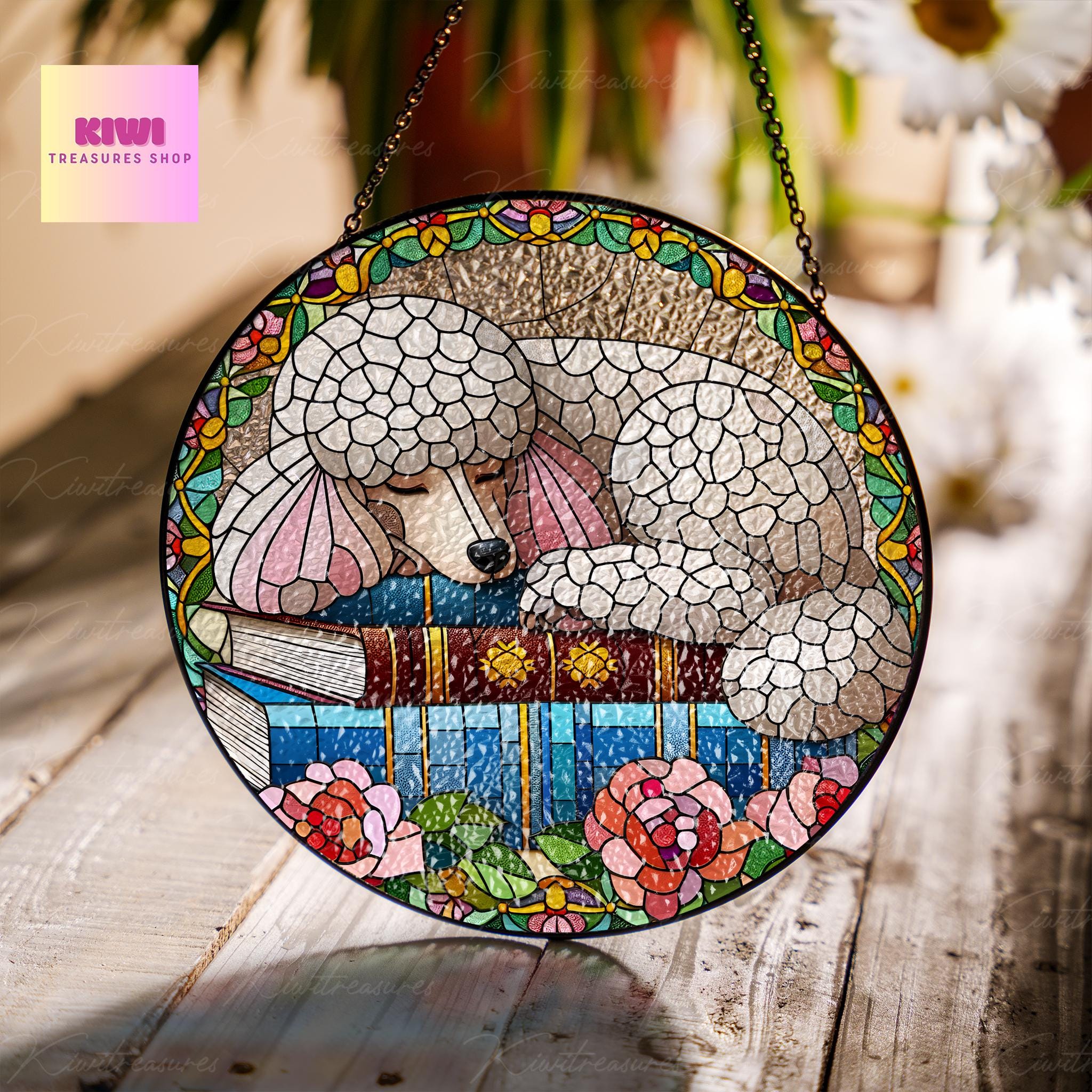 Poodle and books GLASS Suncatcher Hanging, Poodle mom gift, Poodle suncatcher hanging, Reading room window hanging, reading lover gift