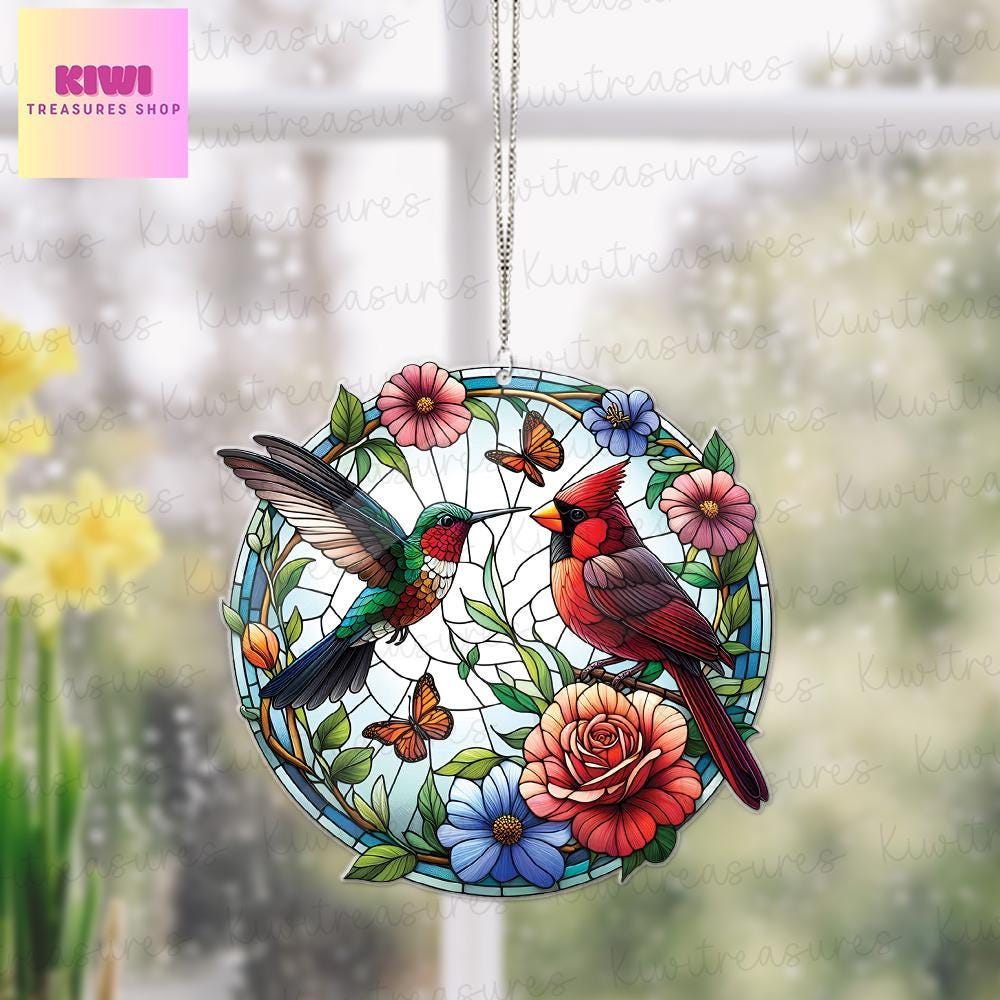 Cardinal and hummingbird Acrylic Window Hangings, Cardinal acrylic ornament, Home Decor, Cardinal window hanging, NOT glass
