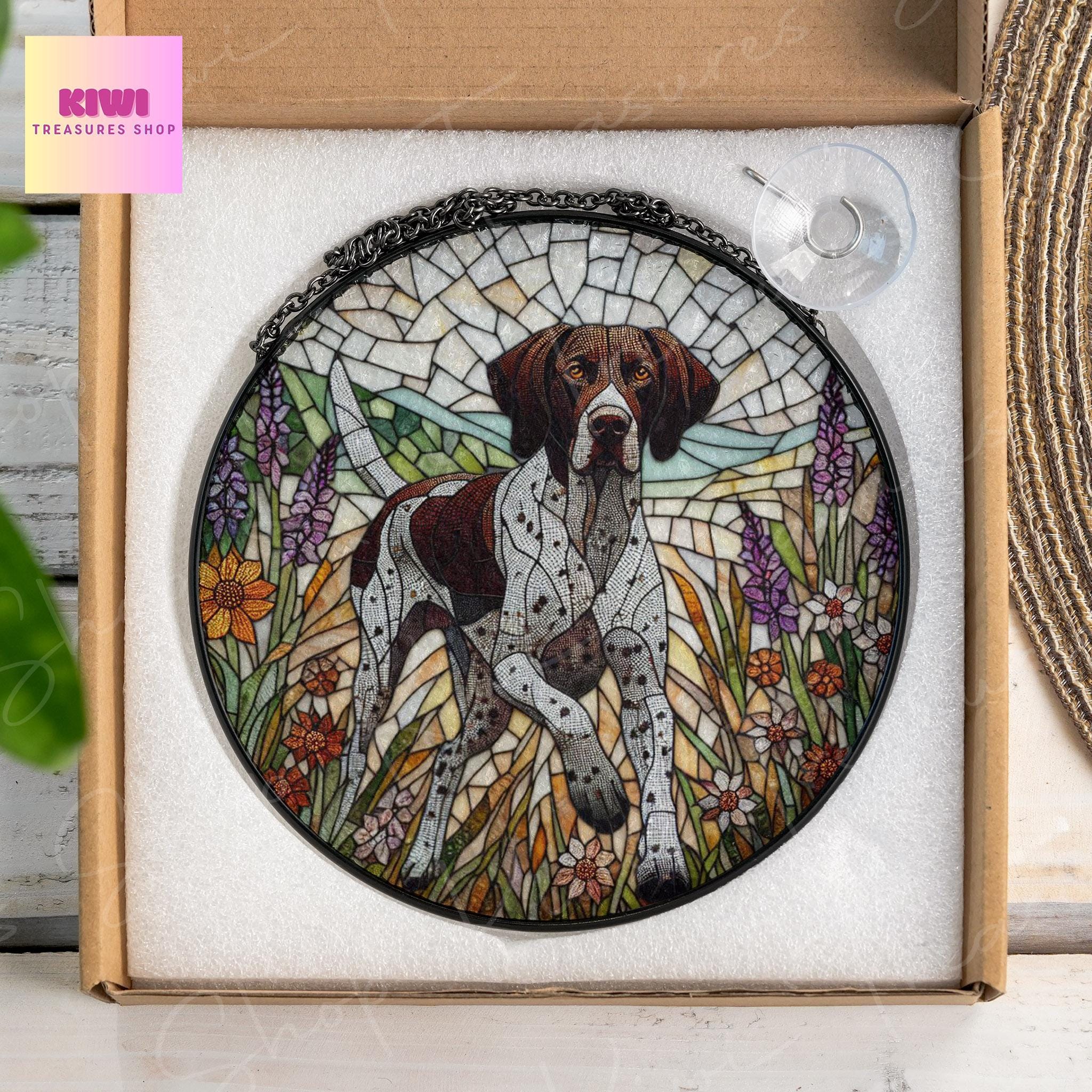 German shorthaired pointer wildflowers GLASS Suncatcher Hanging, german pointer suncatcher window decor, suncatcher hanging