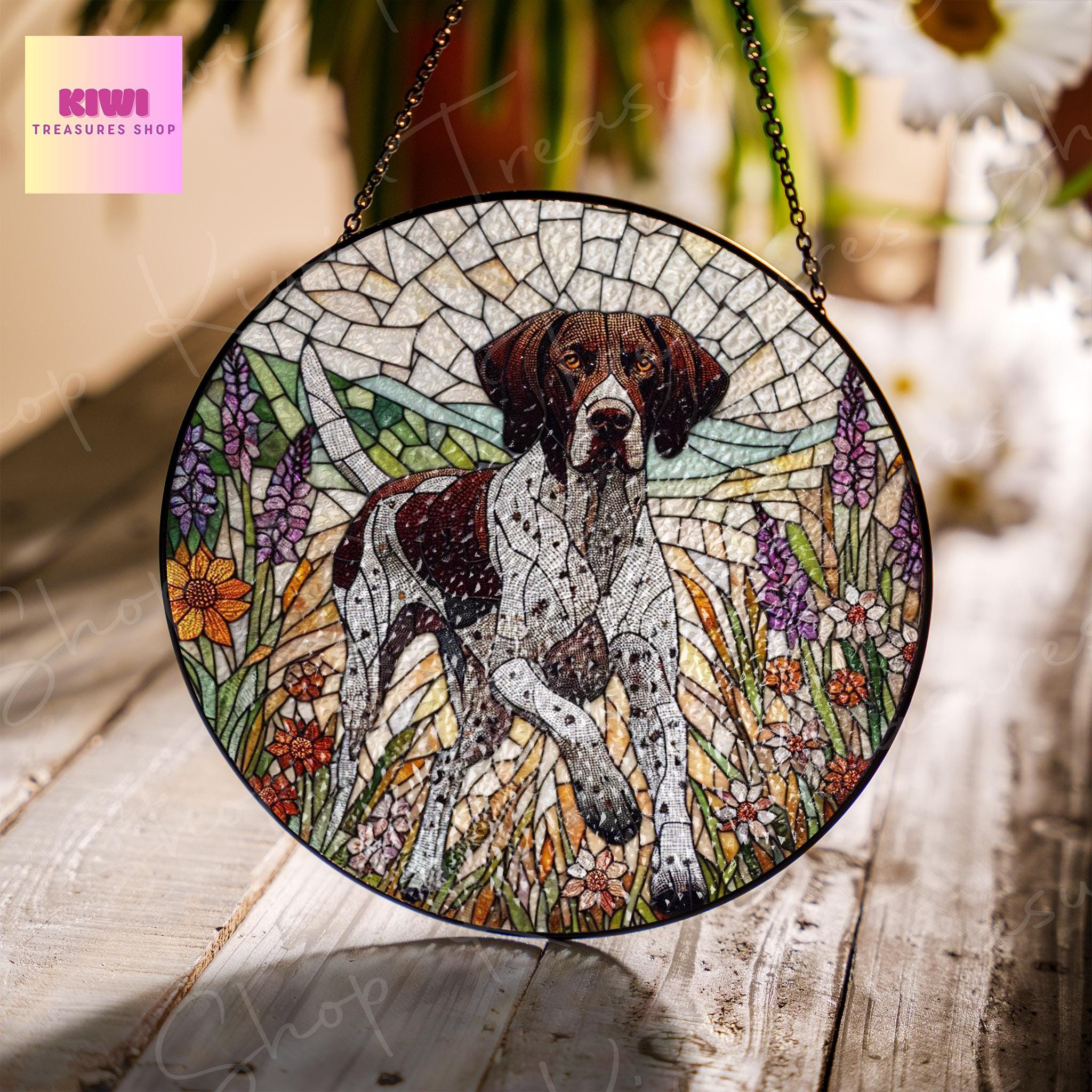 German shorthaired pointer wildflowers GLASS Suncatcher Hanging, german pointer suncatcher window decor, suncatcher hanging