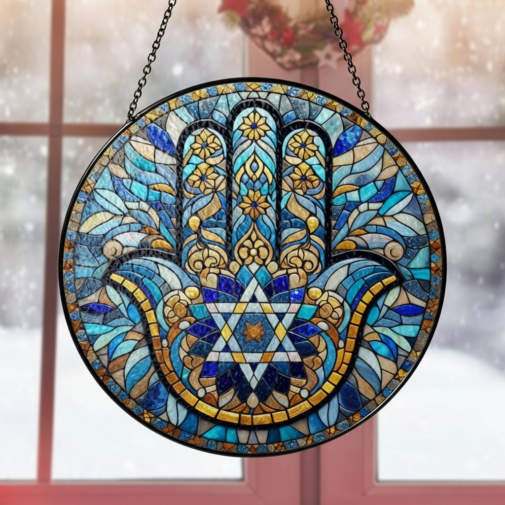 Hamsa Hand Star of David GLASS Suncatcher, Hanukkah Chanukah Suncatcher Ornament, Jerusalem spiritual window hanging, Jewish Festival