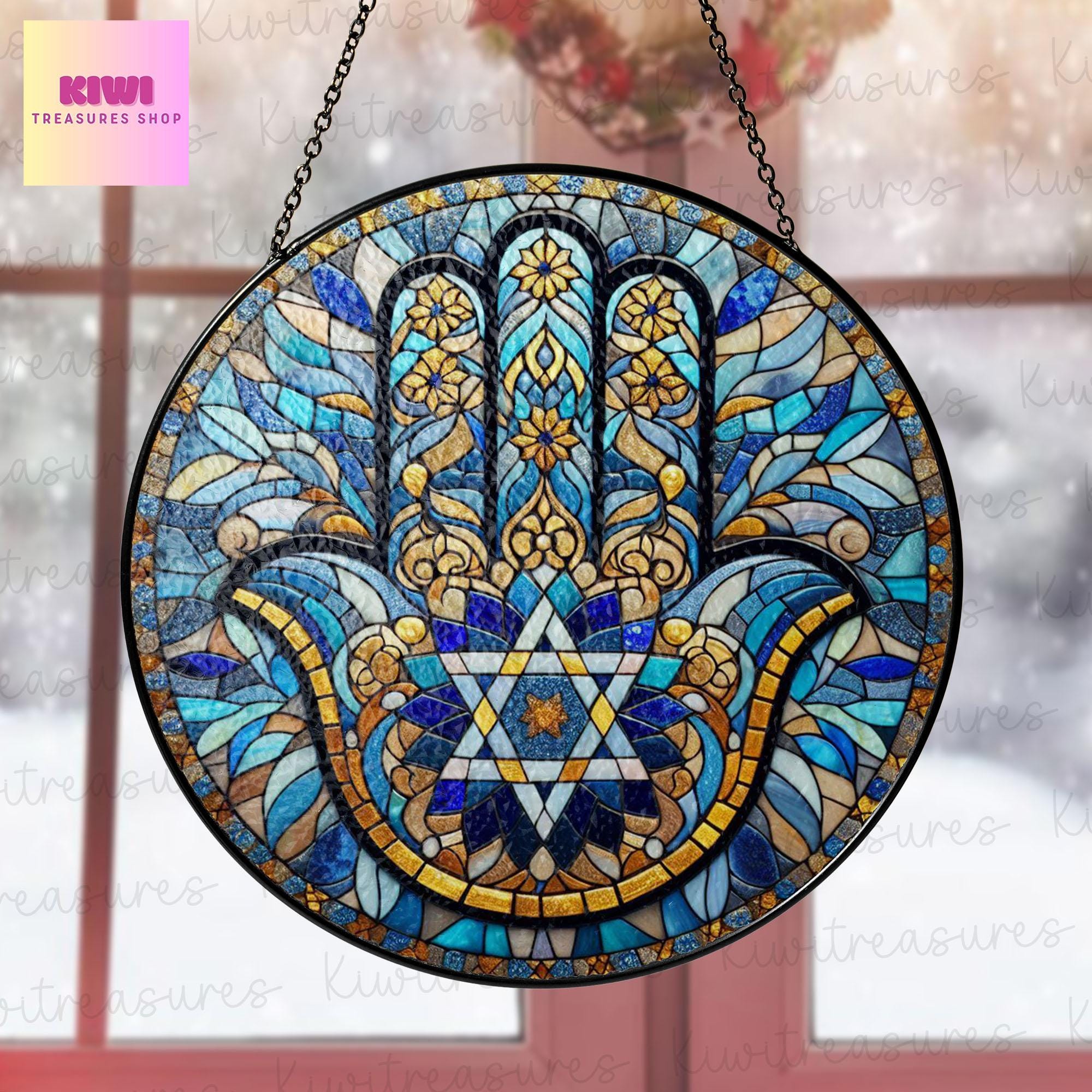Hamsa Hand Star of David GLASS Suncatcher, Hanukkah Chanukah Suncatcher Ornament, Jerusalem spiritual window hanging, Jewish Festival