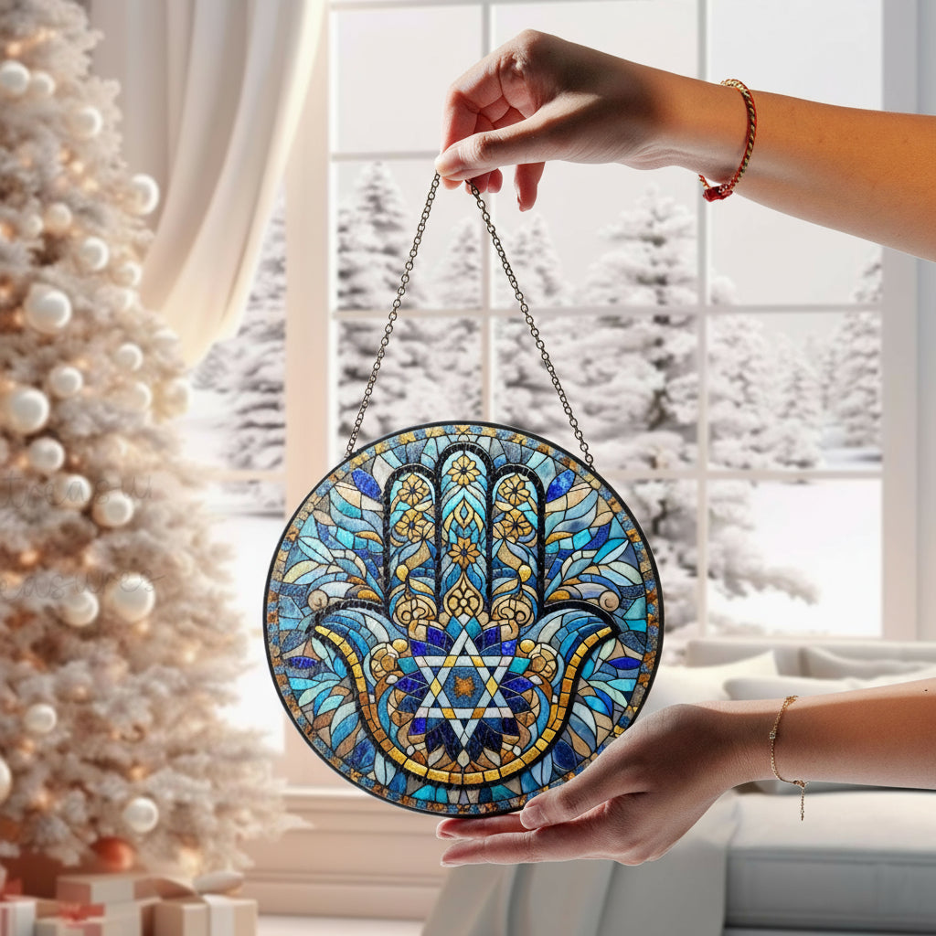 Hamsa Hand Star of David GLASS Suncatcher, Hanukkah Chanukah Suncatcher Ornament, Jerusalem spiritual window hanging, Jewish Festival