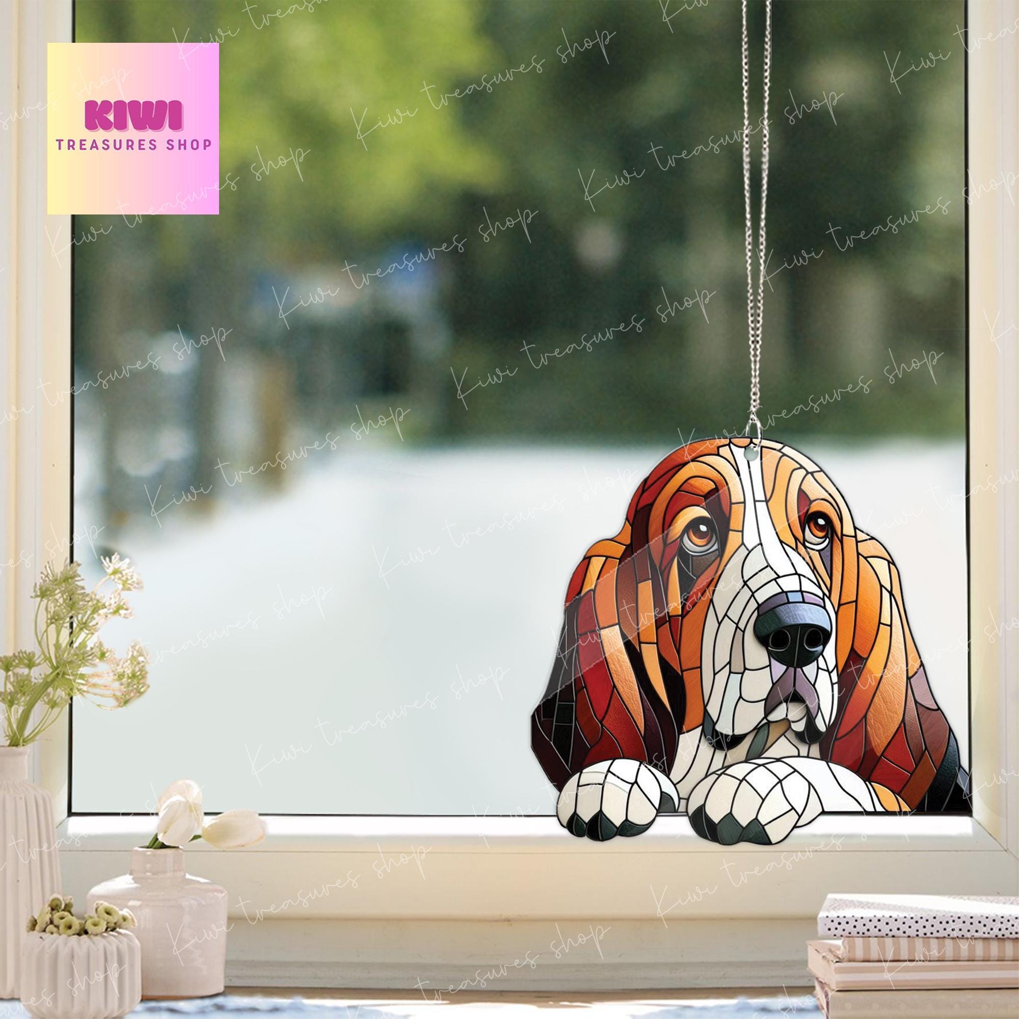 Basset hound dog peeking Acrylic Window Hanging, dog Mom gift, NOT Suncatcher, Cute dog, memorial gift, basset hound dog lover