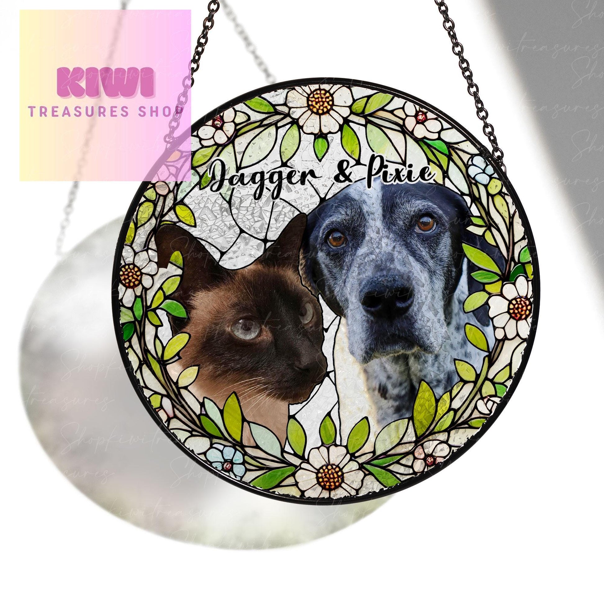 Custom Pet Dog & Cat Portrait Glass Suncatcher, Dog Cat Combination Suncatcher, Custom Pet Portrait from Photo, Sympathy Gifts, glass Pet
