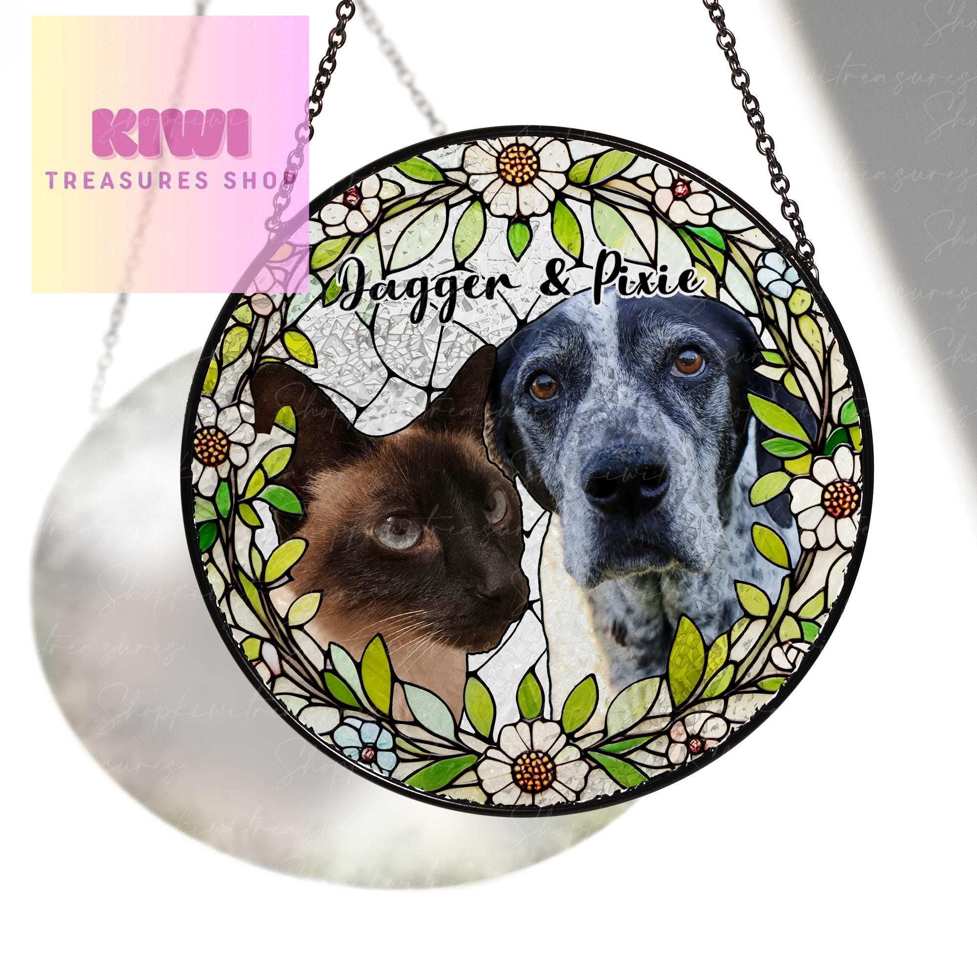 Custom Pet Dog & Cat Portrait Glass Suncatcher, Dog Cat Combination Suncatcher, Custom Pet Portrait from Photo, Sympathy Gifts, glass Pet