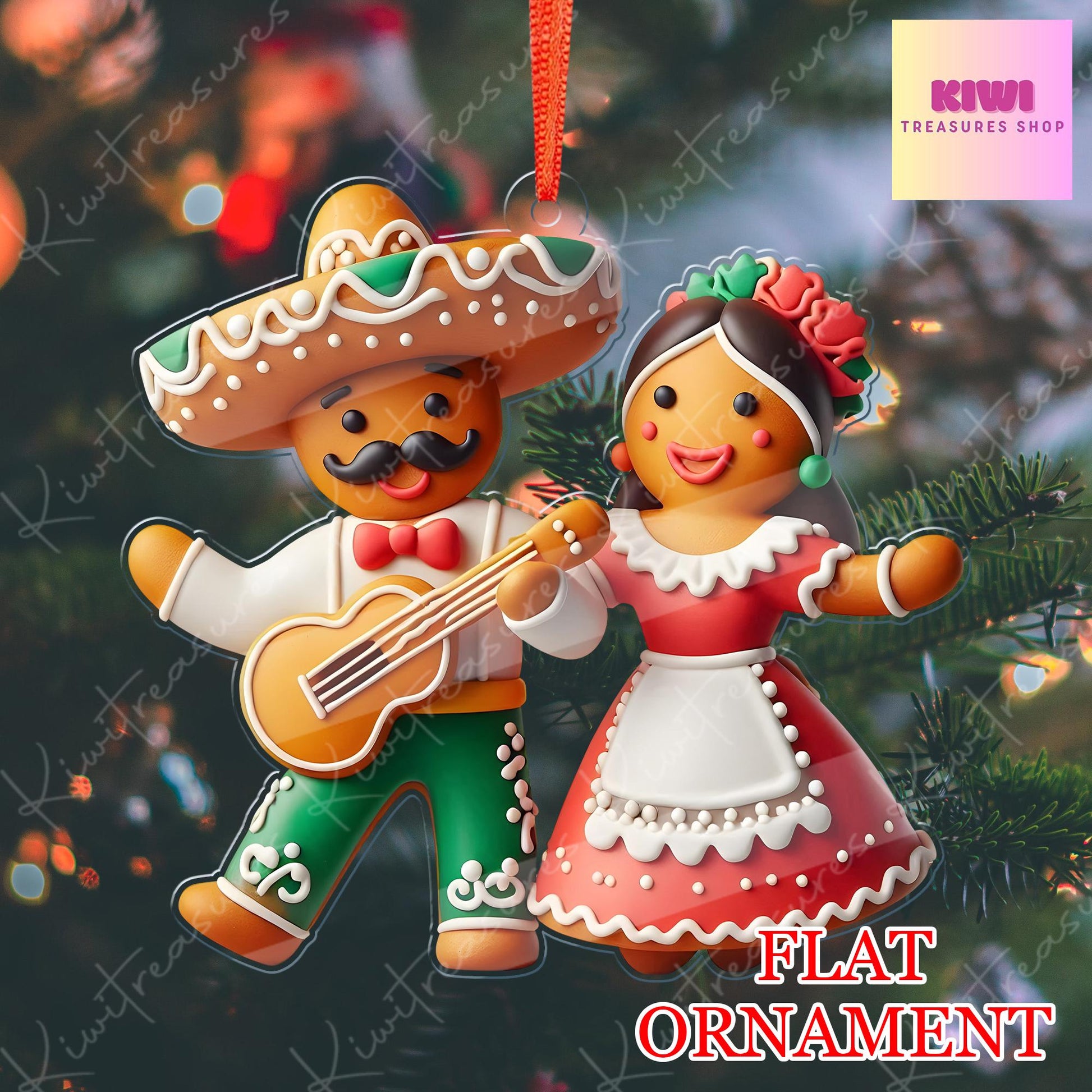 Mexican dancing gingerbread Christmas Ornament, 2d FLAT ornament, Feliz Navidad Ornament, Latin Mexican Gift, Christmas Gift For Mexican