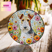 Wire fox terrier among wildflowers GLASS Suncatcher Hanging, wire fox terrier suncatcher hanging, Reading room window hanging