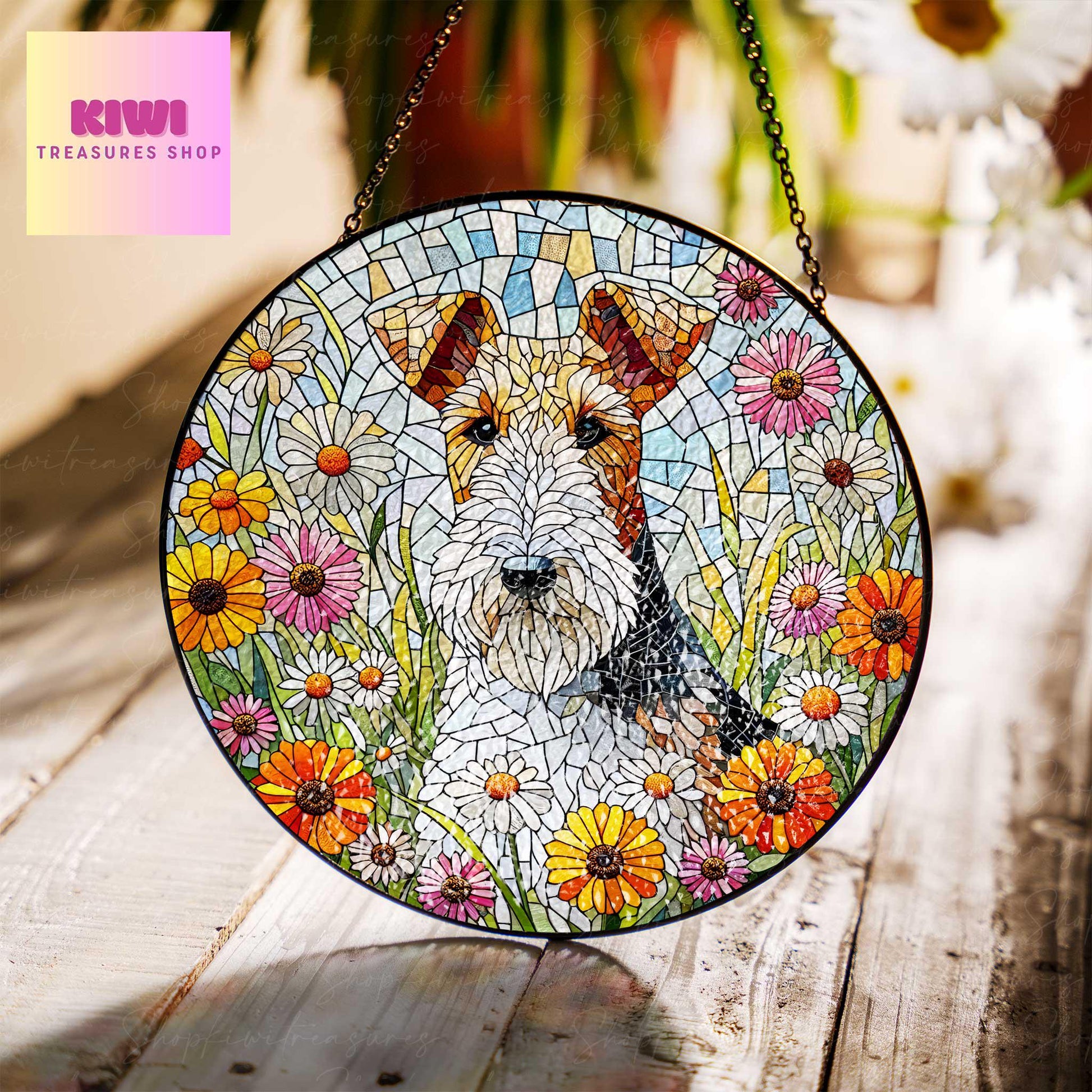 Wire fox terrier among wildflowers GLASS Suncatcher Hanging, wire fox terrier suncatcher hanging, Reading room window hanging