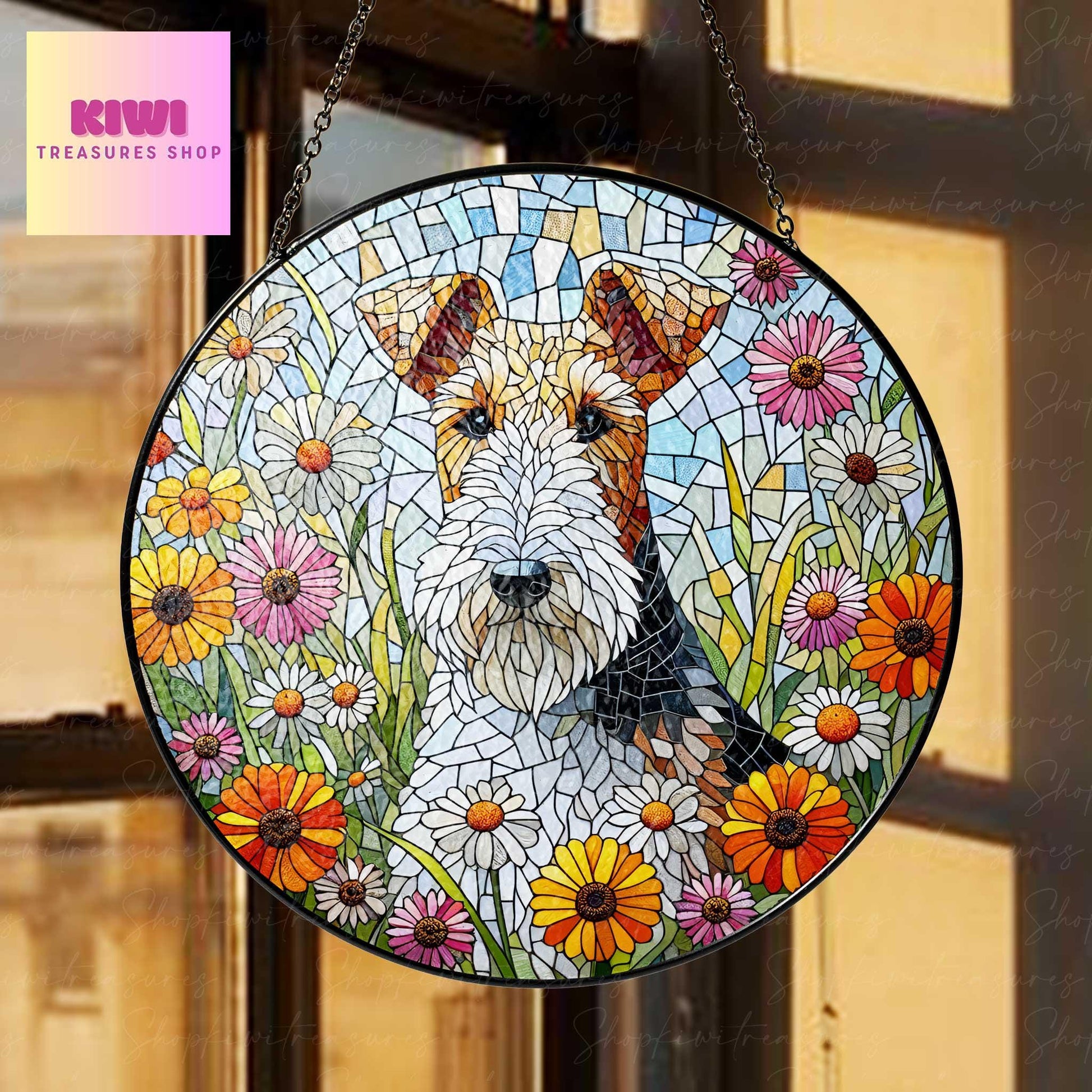 Wire fox terrier among wildflowers GLASS Suncatcher Hanging, wire fox terrier suncatcher hanging, Reading room window hanging