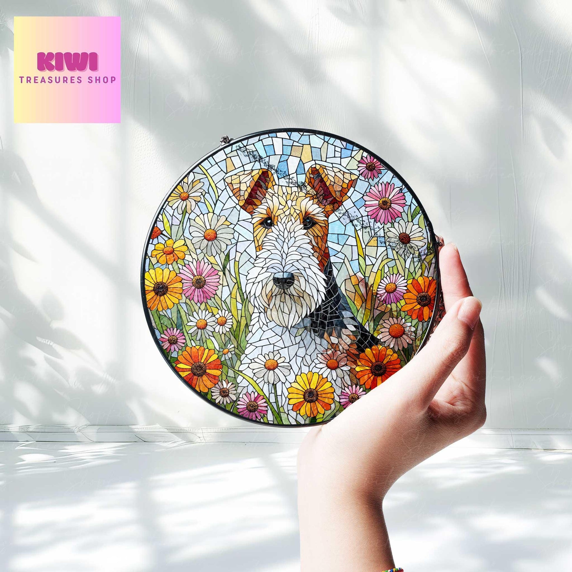 Wire fox terrier among wildflowers GLASS Suncatcher Hanging, wire fox terrier suncatcher hanging, Reading room window hanging