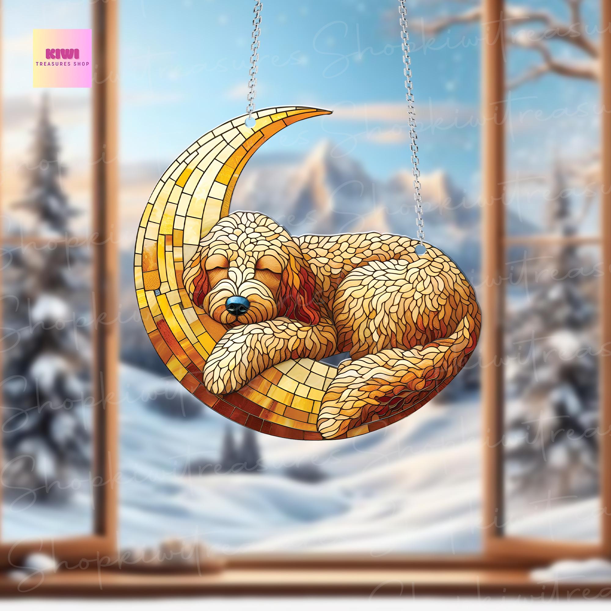 Goldendoodle dog sleep over crescent moon Acrylic Window Hanging, NOT Suncatcher, memorial gift, dog owner gift, not glass