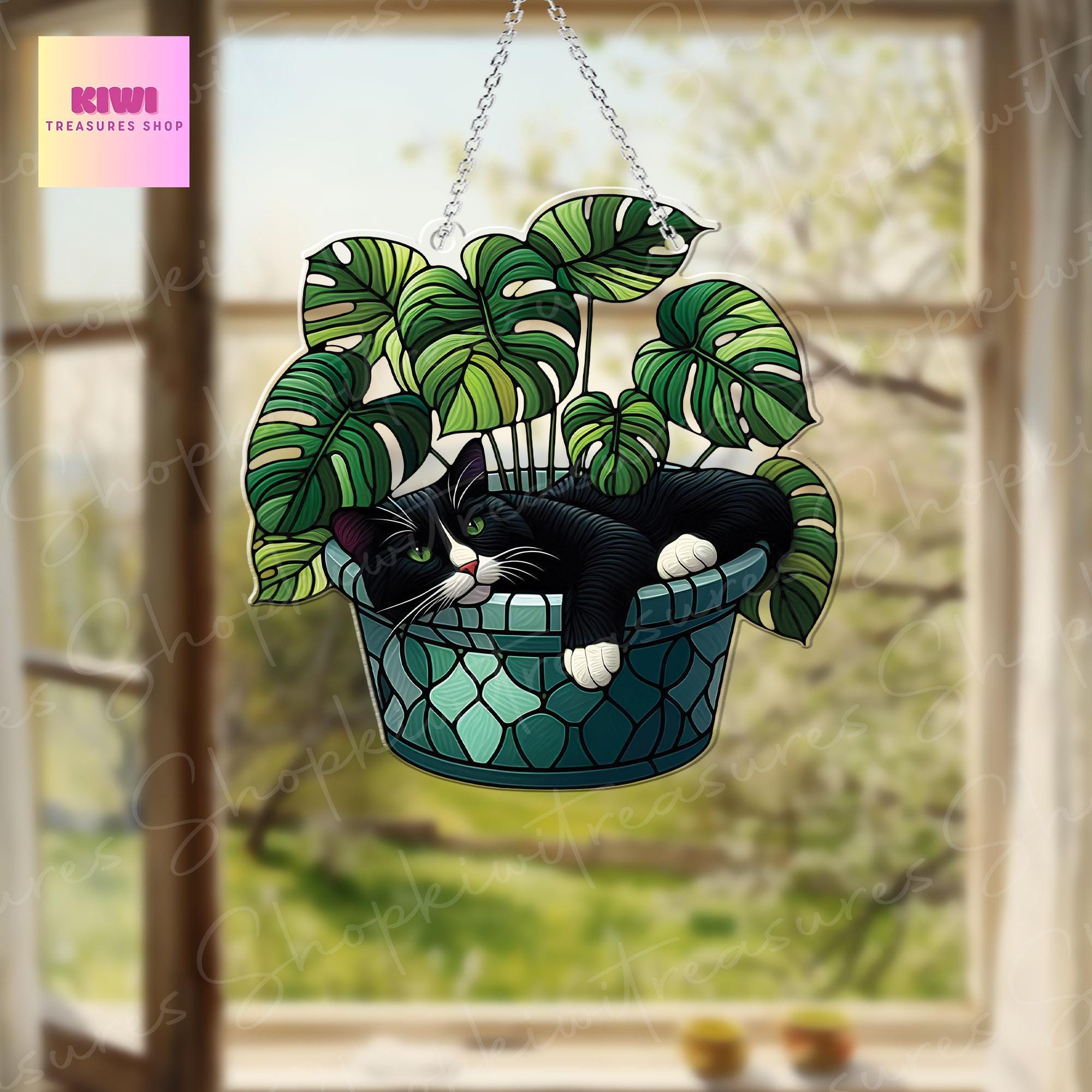 Tuxedo Cat In Pot Of Monstera Leaves ACRYLIC Window Hanging, Funny Cat Decor, Tuxedo Cat Decor, Cat Mom Gift,Gift for Cat Mama,Monstera Gift