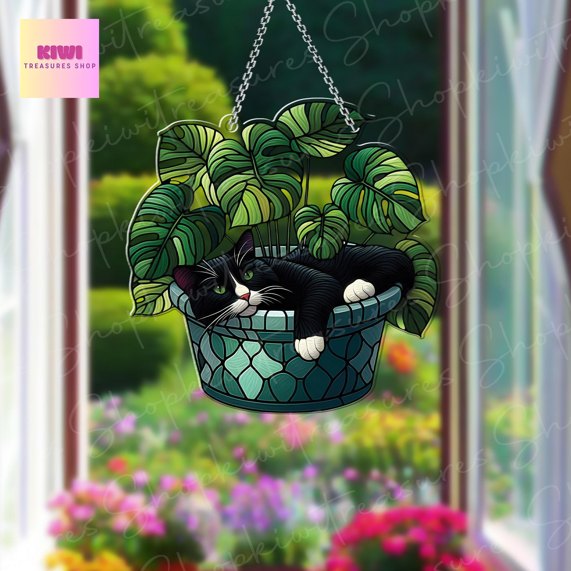 Tuxedo Cat In Pot Of Monstera Leaves ACRYLIC Window Hanging, Funny Cat Decor, Tuxedo Cat Decor, Cat Mom Gift,Gift for Cat Mama,Monstera Gift
