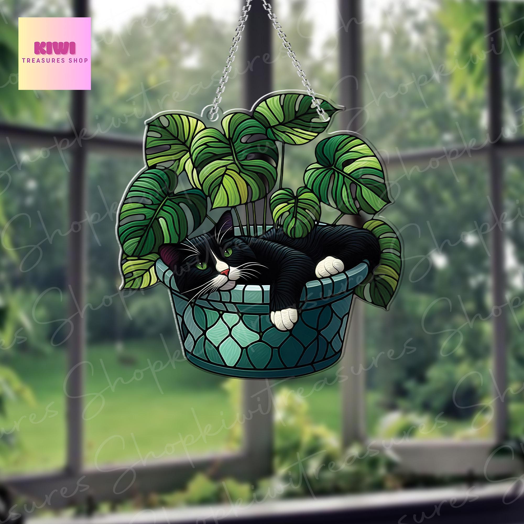 Tuxedo Cat In Pot Of Monstera Leaves ACRYLIC Window Hanging, Funny Cat Decor, Tuxedo Cat Decor, Cat Mom Gift,Gift for Cat Mama,Monstera Gift