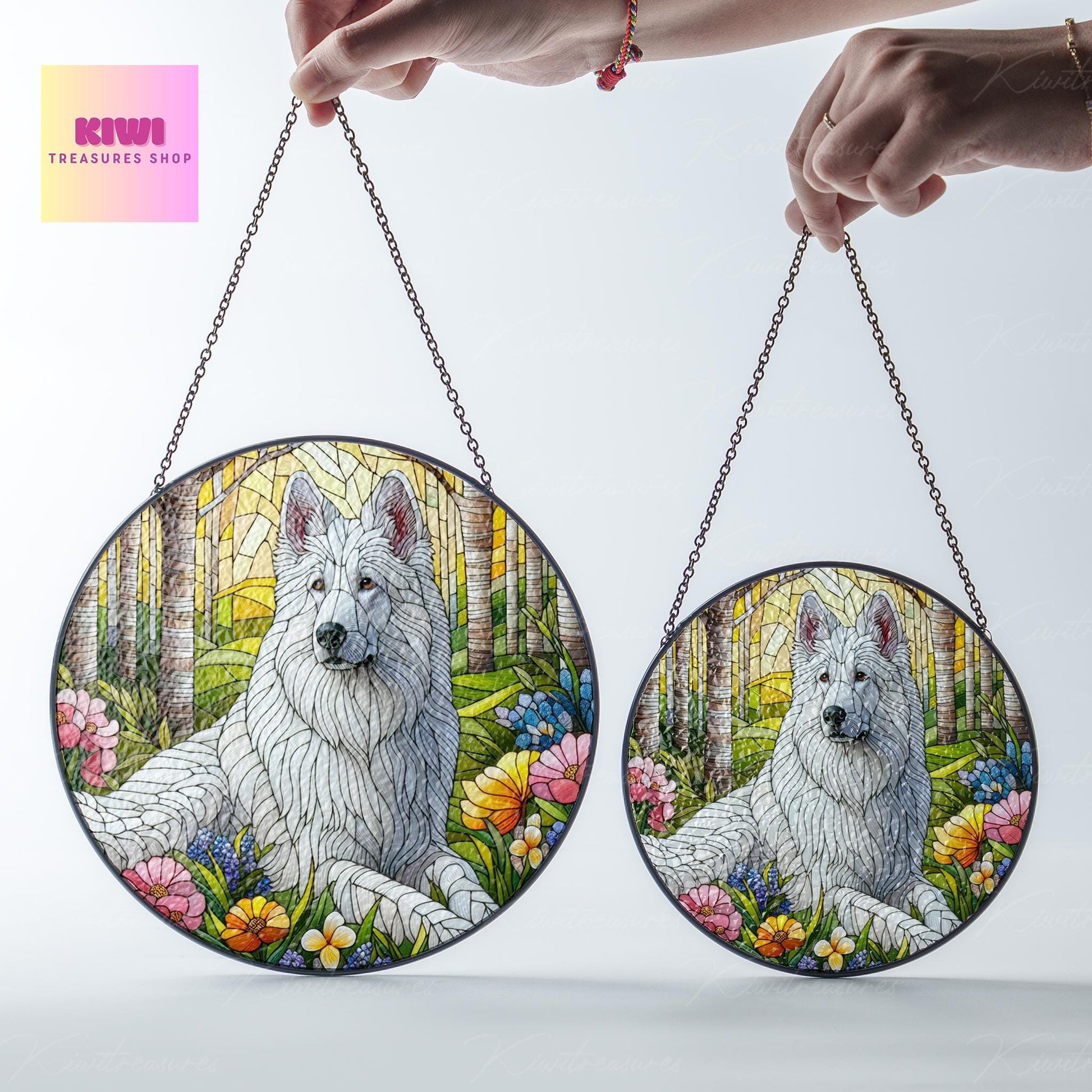 White German shepherd spring forest GLASS Suncatcher Hanging, german shepherd suncatcher window decor, dog mom gift suncatcher hanging