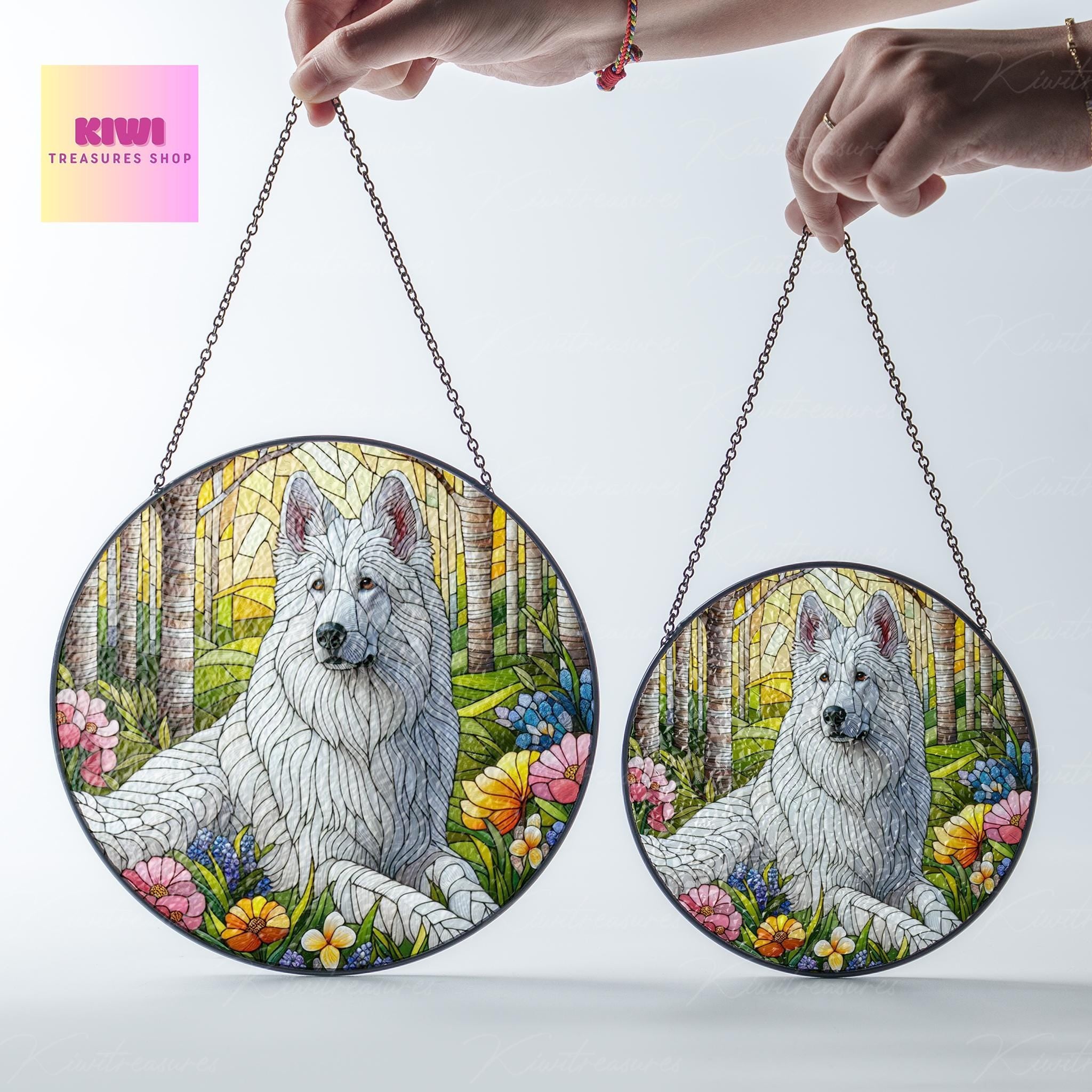White German shepherd spring forest GLASS Suncatcher Hanging, german shepherd suncatcher window decor, dog mom gift suncatcher hanging