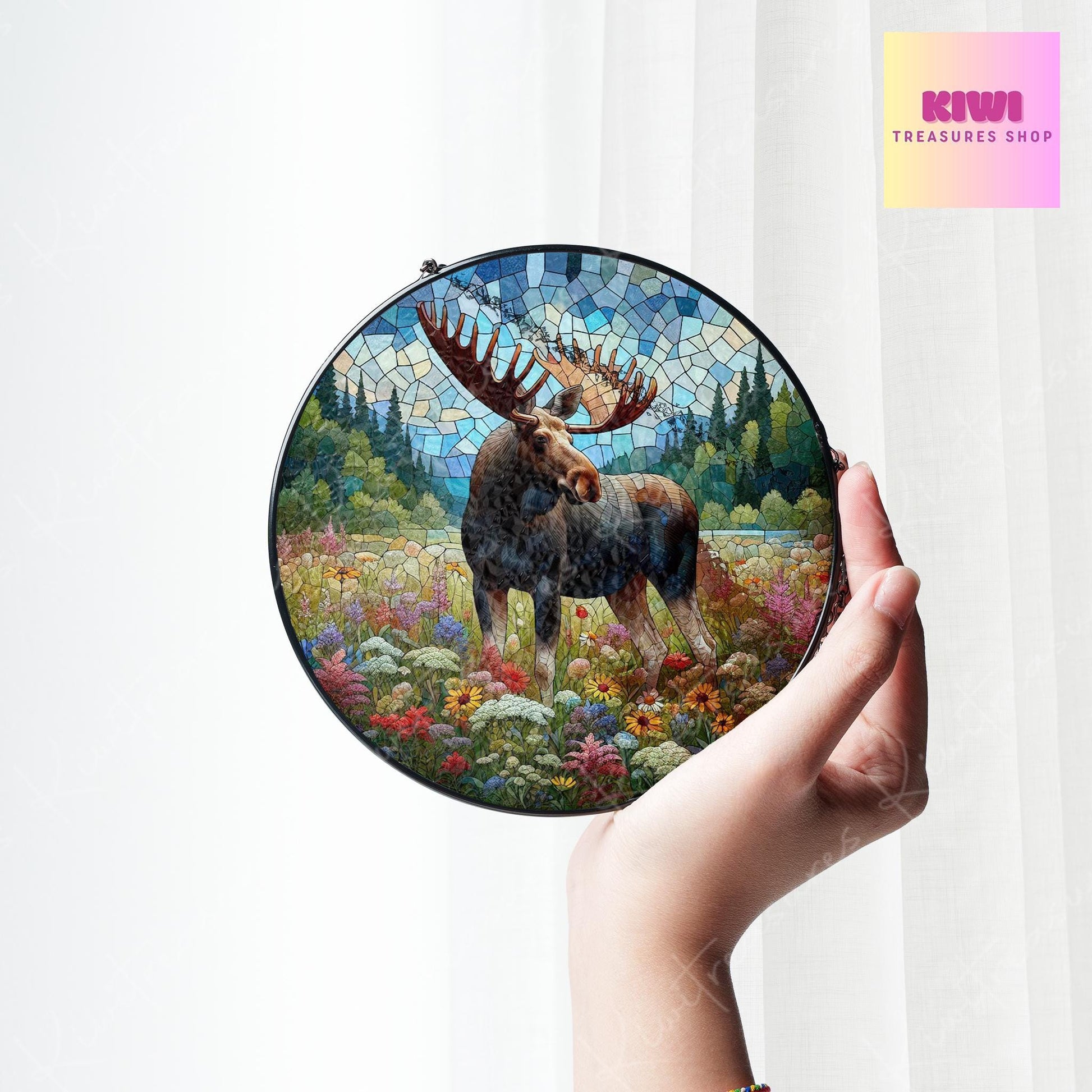 Moose Among Wildflower GLASS Suncatcher, Moose Lover Decor, Floral Moose Gift, Wild animal Decor, Wildlife Decor, Moose  Decor