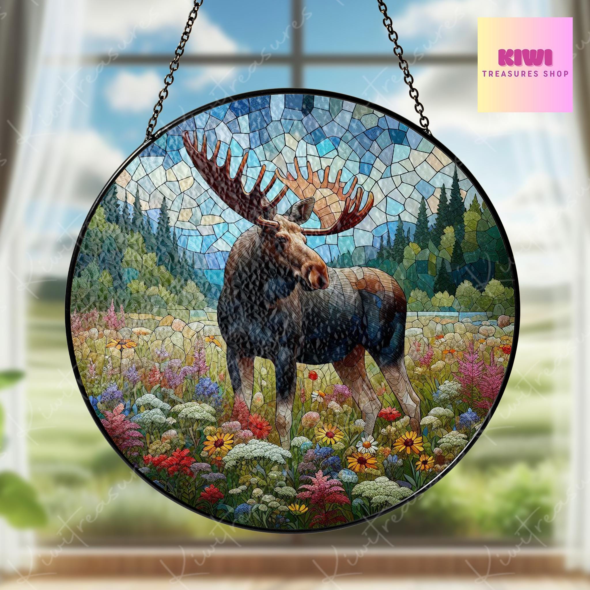 Moose Among Wildflower GLASS Suncatcher, Moose Lover Decor, Floral Moose Gift, Wild animal Decor, Wildlife Decor, Moose  Decor