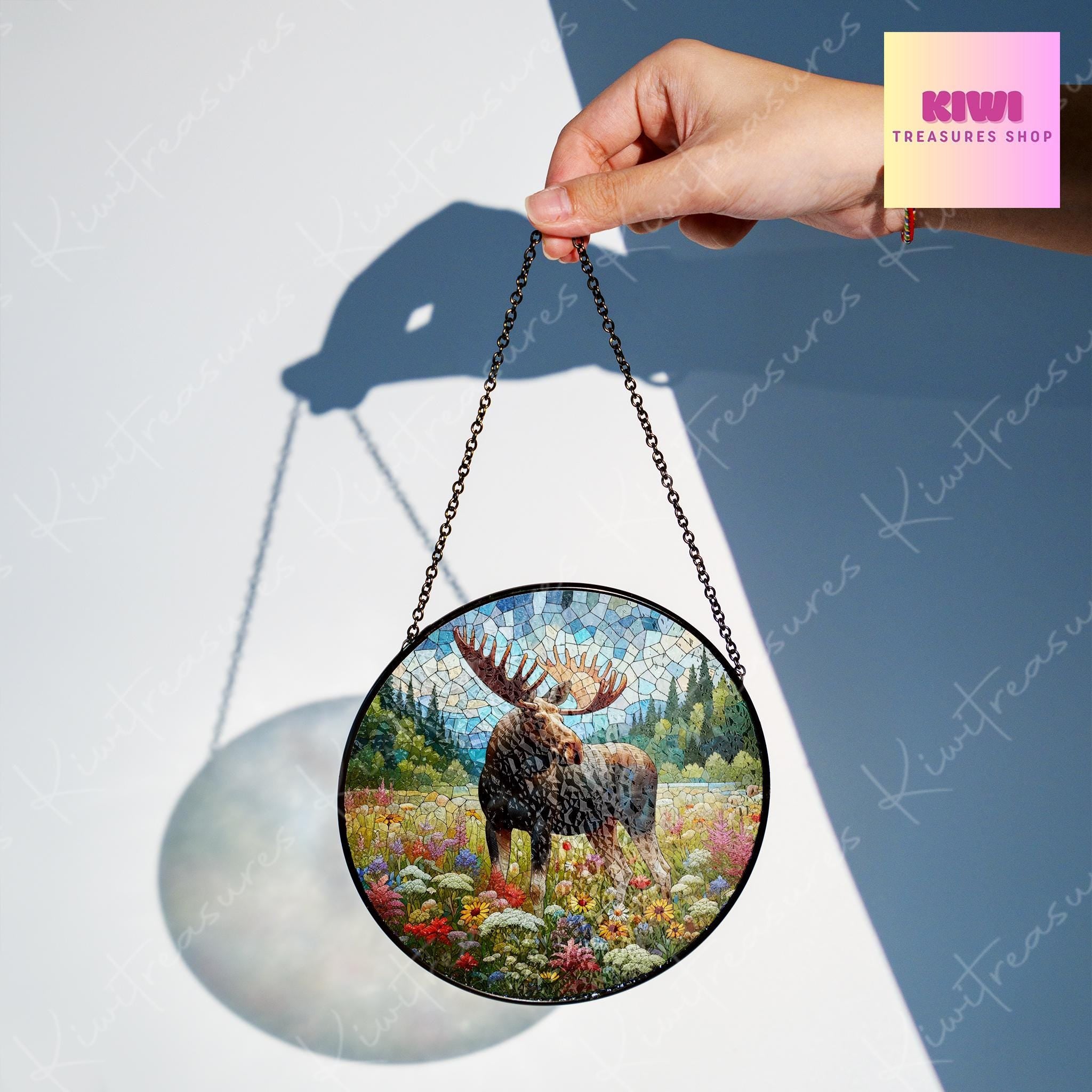 Moose Among Wildflower GLASS Suncatcher, Moose Lover Decor, Floral Moose Gift, Wild animal Decor, Wildlife Decor, Moose  Decor