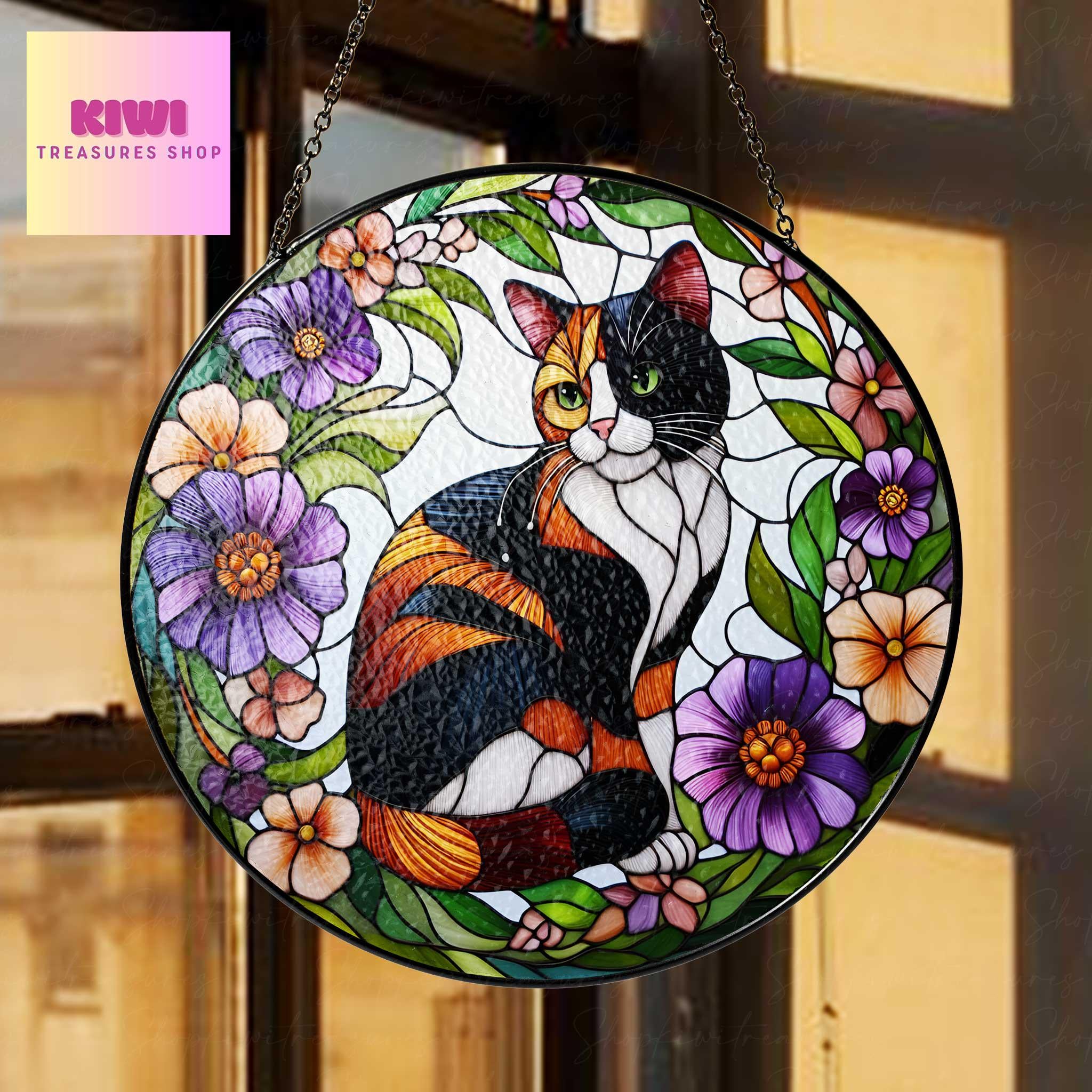 Calico cat among flowers GLASS suncatcher Hanging, Calico cat glass hanging, Cat Suncatcher, Calico lover gift, memorial gift