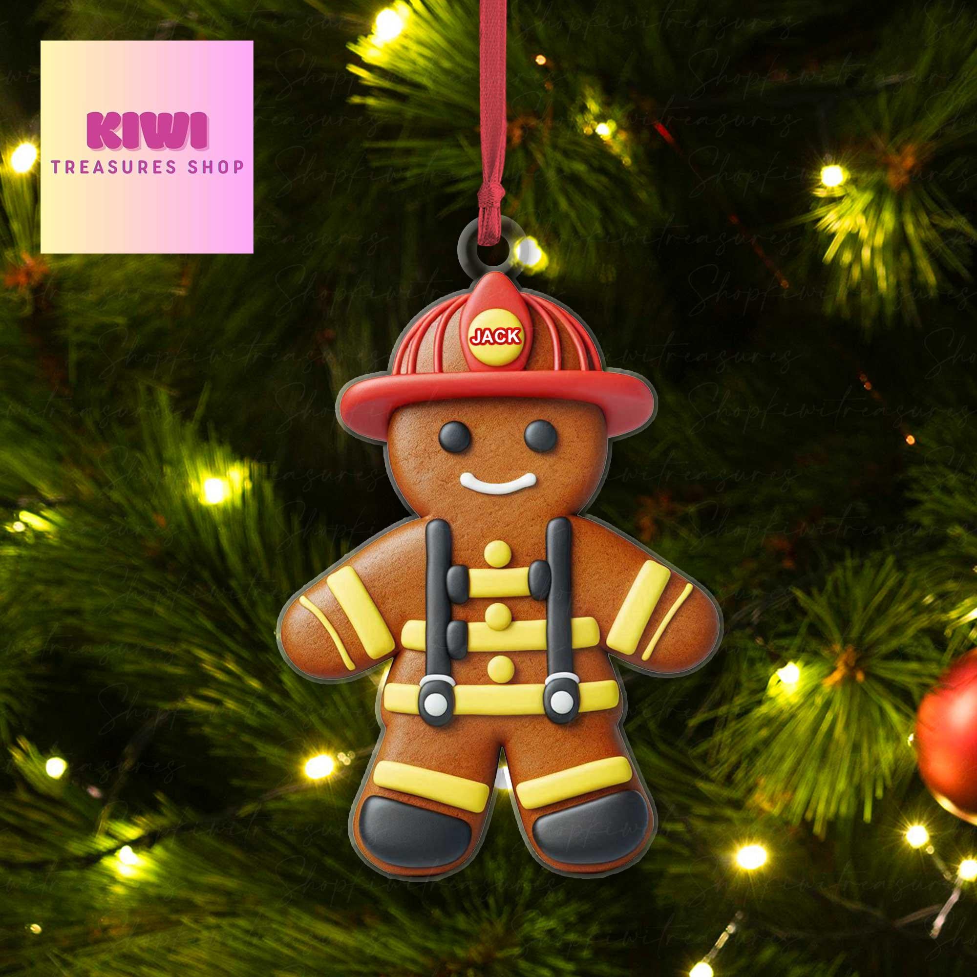 Personalized Firefighter gingerbread Christmas 2D FLAT Ornament, Xmas Tree Decoration, Custom Name  Dad, Firefighter, Fireman, Fire Truck