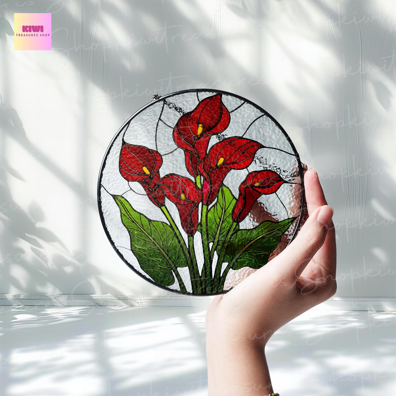 Birth Flower GLASS Suncatcher, Red Calla Lily Flower Suncatcher, Calla Lily Lover Decor, Flower Lover Gift,Mother's Day Decor,Gift For Mom