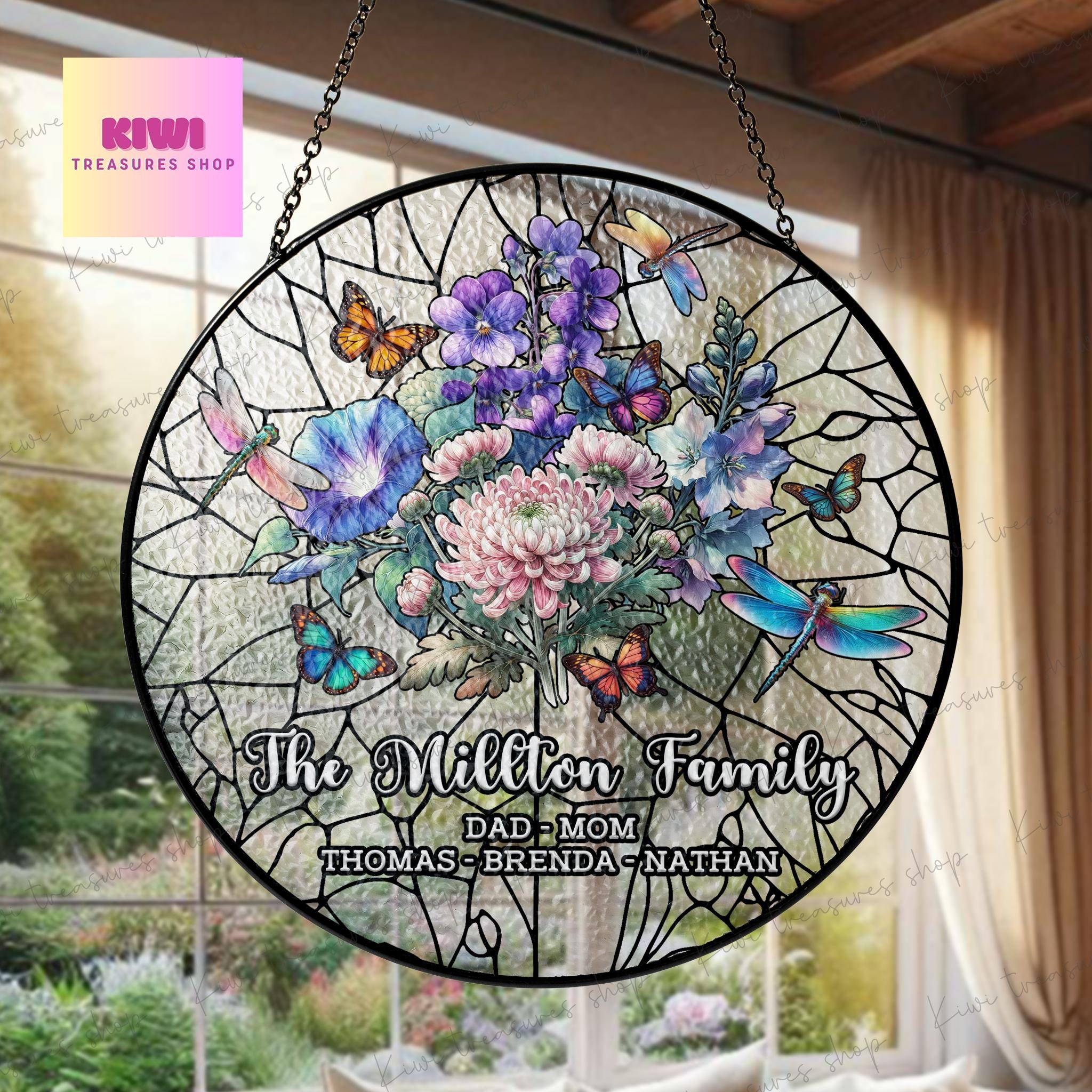 Personalized Birth Month Flowers Family Garden Glass Suncatcher, Birth Flower Bouquet Glass Ornament For Mom Nana, Custom Bouquet flowers
