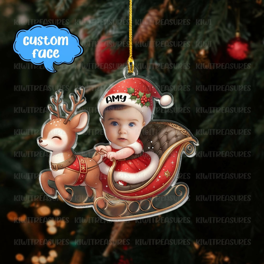 Personalized custom face baby FLAT Ornament, 2d Flat santa sleigh ornament, Christmas decor, gift for girls, cute kid ornament