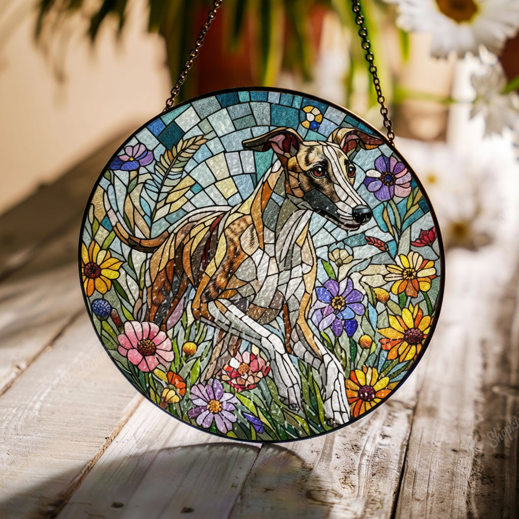 Whippet dog among wildflowers GLASS Suncatcher Hanging, whippet dog suncatcher hanging, dog mom gift, whippet dog lover