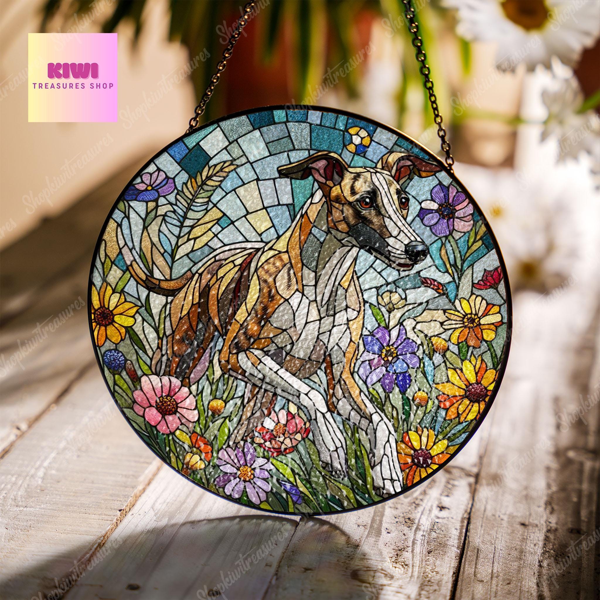 Whippet dog among wildflowers GLASS Suncatcher Hanging, whippet dog suncatcher hanging, dog mom gift, whippet dog lover