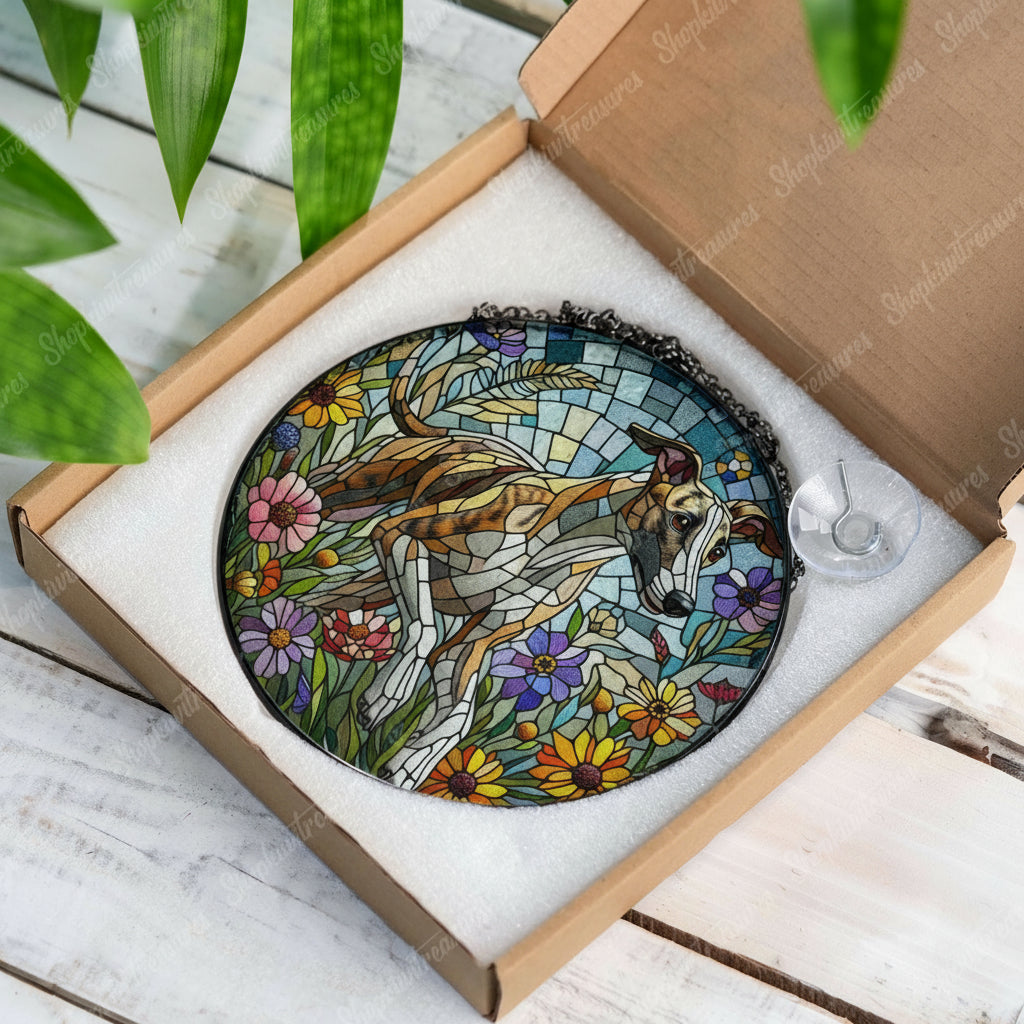 Whippet dog among wildflowers GLASS Suncatcher Hanging, whippet dog suncatcher hanging, dog mom gift, whippet dog lover