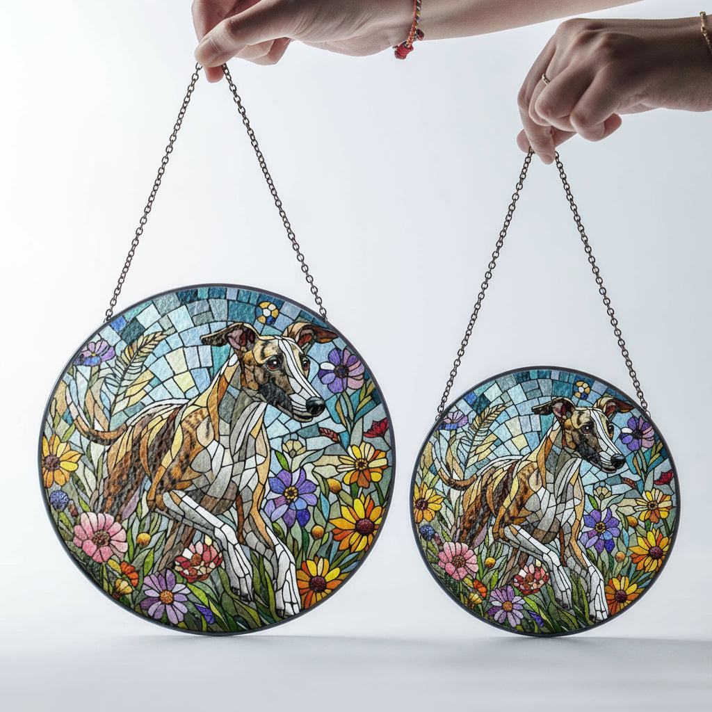 Whippet dog among wildflowers GLASS Suncatcher Hanging, whippet dog suncatcher hanging, dog mom gift, whippet dog lover