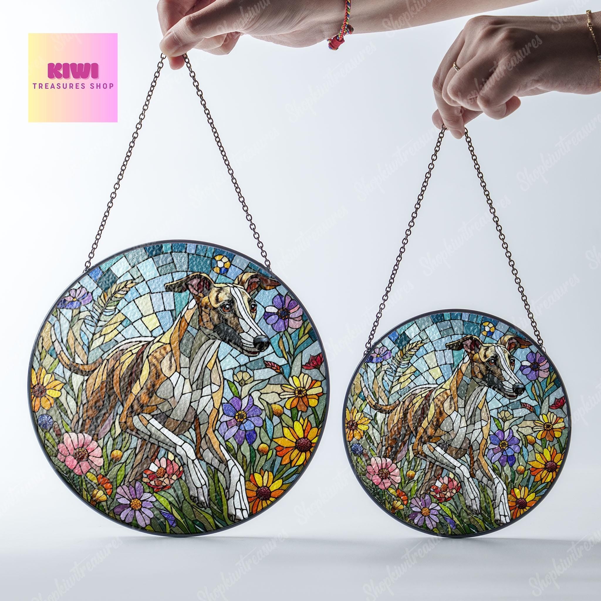 Whippet dog among wildflowers GLASS Suncatcher Hanging, whippet dog suncatcher hanging, dog mom gift, whippet dog lover