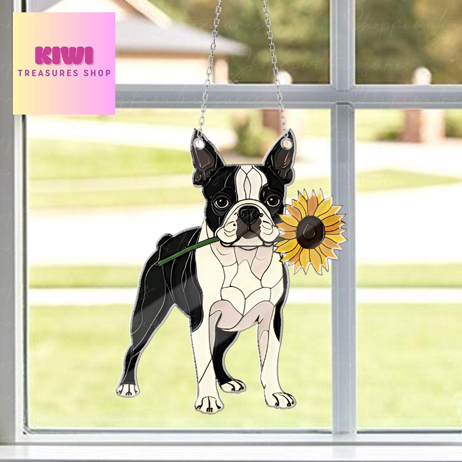 Boston Terrier With Sunflower ACRYLIC Window Hanging, Dog Window Hanging, Boston Terrier Lover Decor, Dog Mom Decor,Dog Lover Gift,Funny Dog
