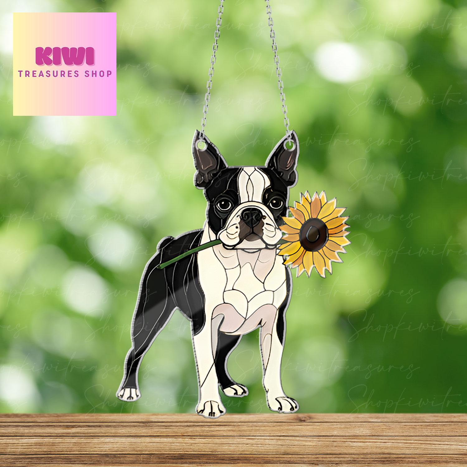 Boston Terrier With Sunflower ACRYLIC Window Hanging, Dog Window Hanging, Boston Terrier Lover Decor, Dog Mom Decor,Dog Lover Gift,Funny Dog