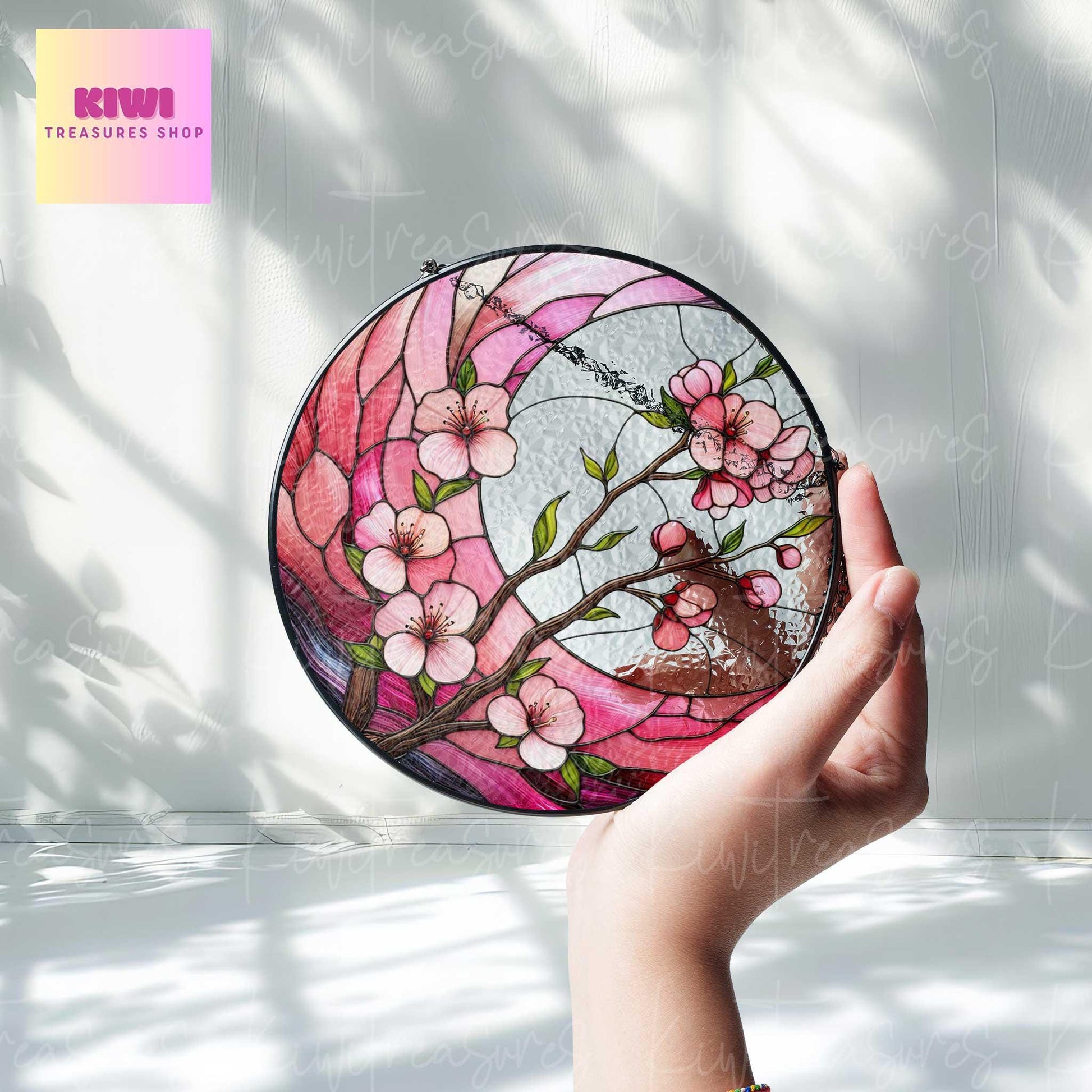 Cherry Blossom crescent moon GLASS Suncatcher Hanging, Spring landscape Window hanging, Suncatcher ornament, Cherry blossom, Sakura lover