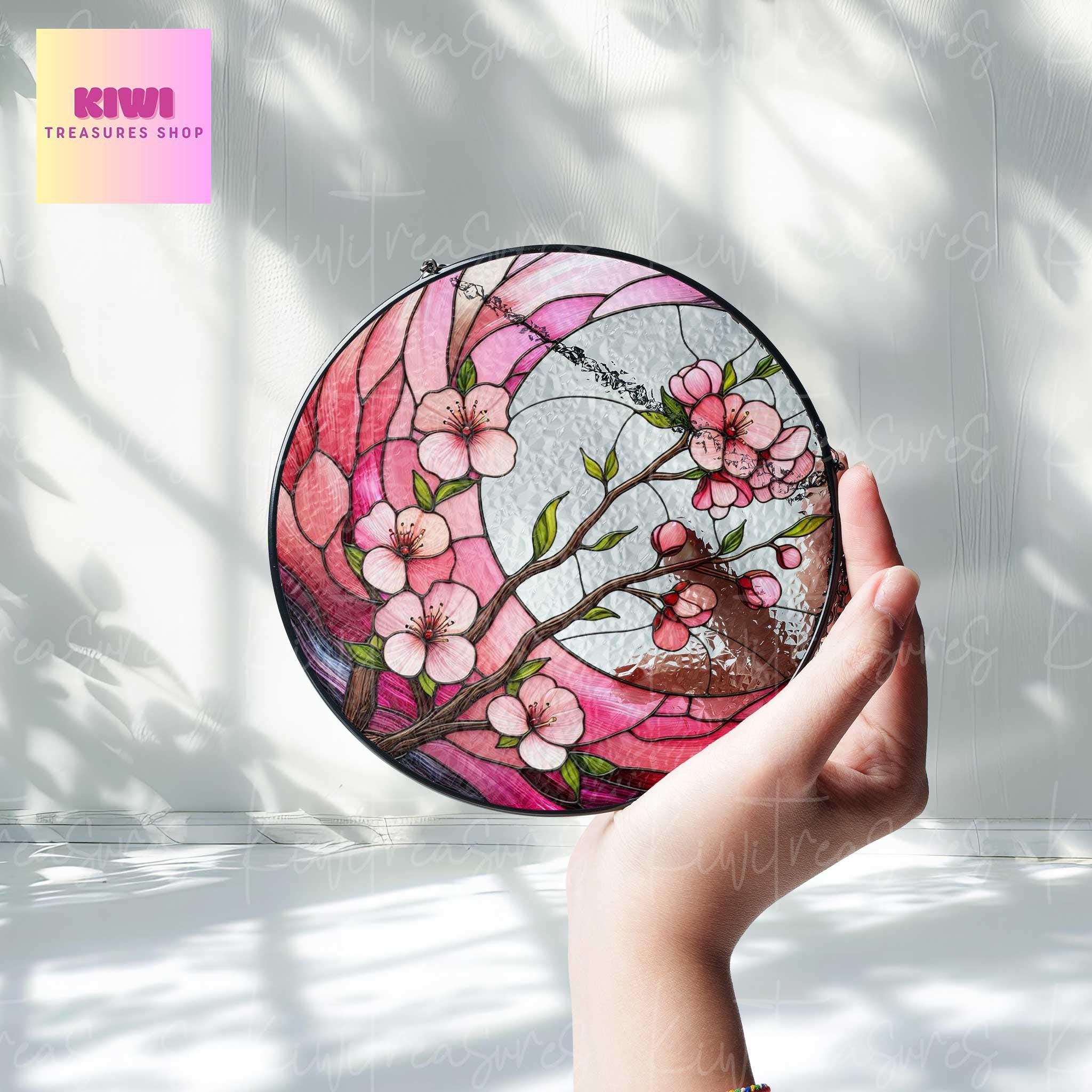 Cherry Blossom crescent moon GLASS Suncatcher Hanging, Spring landscape Window hanging, Suncatcher ornament, Cherry blossom, Sakura lover