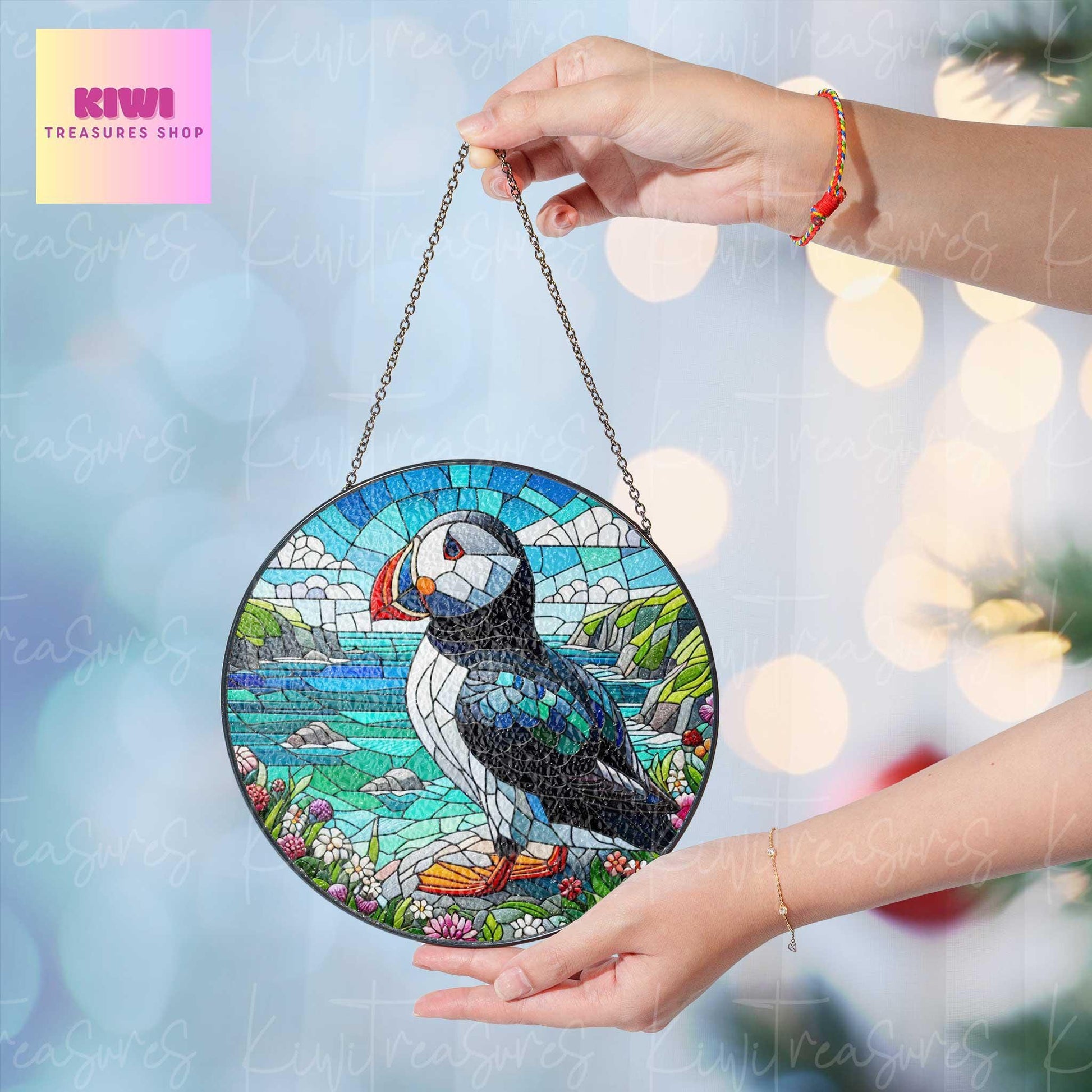 Puffin on cliff Landscape GLASS Suncatcher Hanging, Ireland Wall Art, Window Hanging, Indoor Decor, puffin lover, Perfect for Nature Lovers