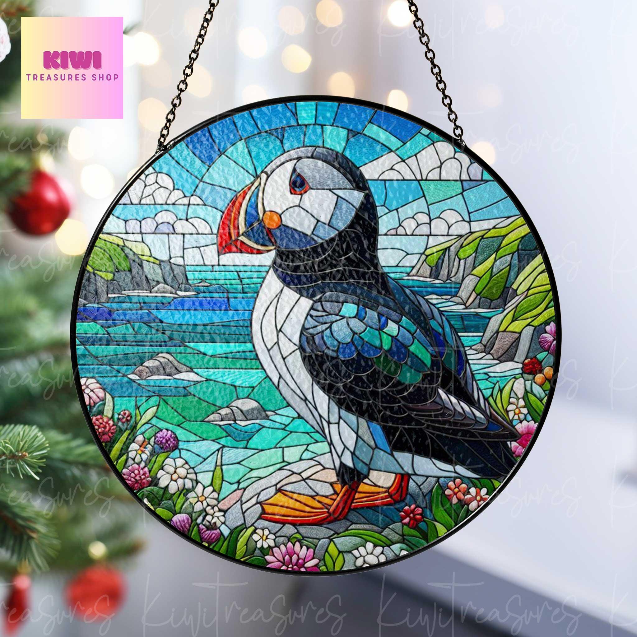 Puffin on cliff Landscape GLASS Suncatcher Hanging, Ireland Wall Art, Window Hanging, Indoor Decor, puffin lover, Perfect for Nature Lovers