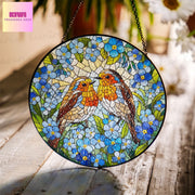 Robin couple among forget me not GLASS Suncatcher Hanging, robin Window hanging, Suncatcher ornament, Couple gift, Valentine gift