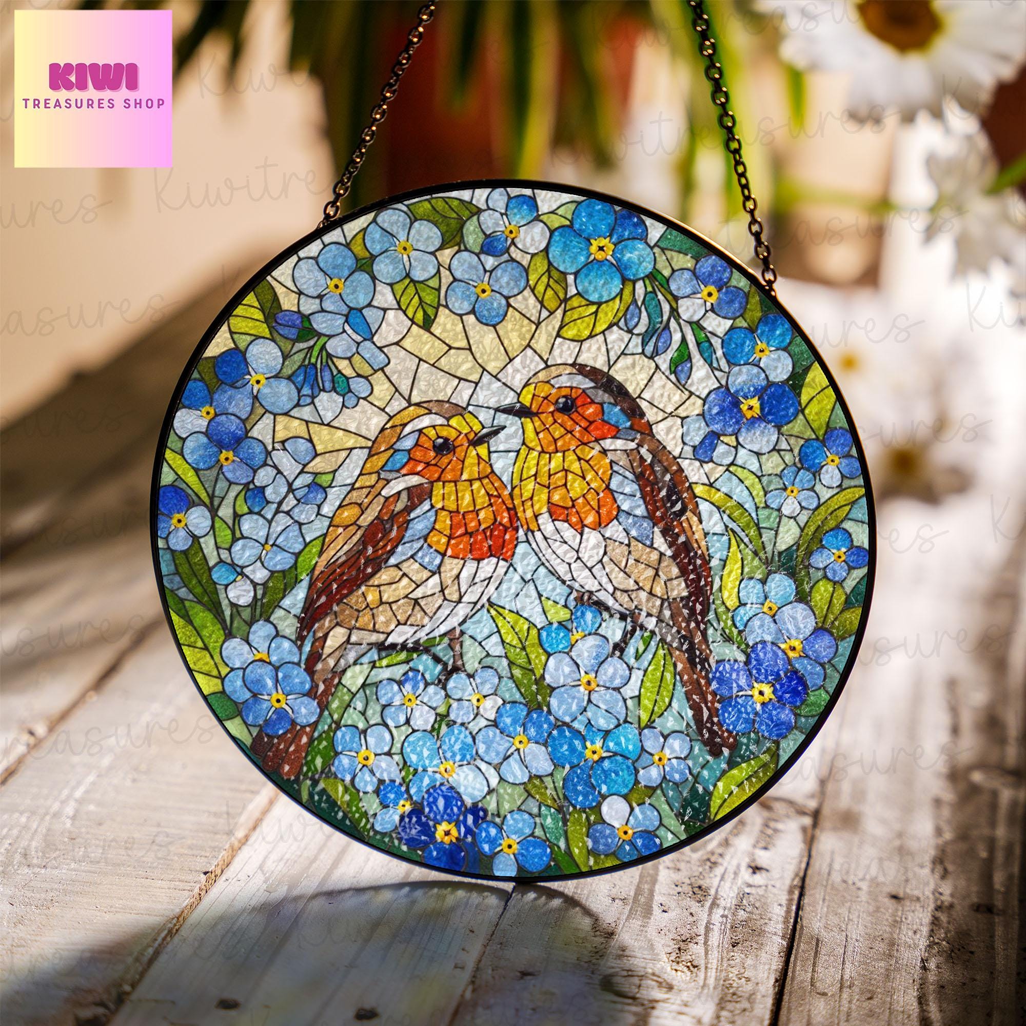 Robin couple among forget me not GLASS Suncatcher Hanging, robin Window hanging, Suncatcher ornament, Couple gift, Valentine gift