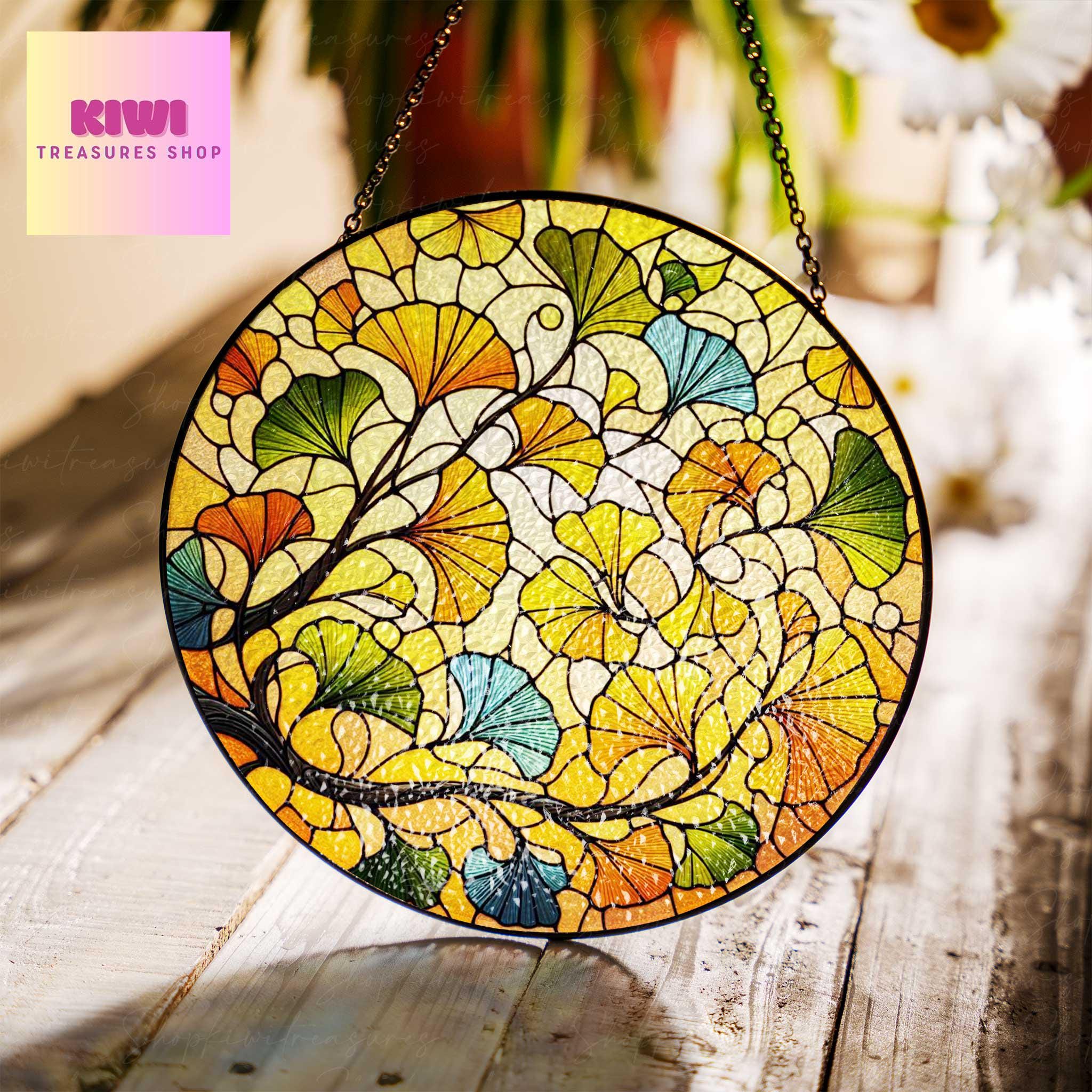 Ginkgo Leaf suncatcher Glass window hanging Art Ginkgo Leaf Glass Window Decor Garden decor Gift for Plant Lover, Yellow Ginkgo  Suncatcher